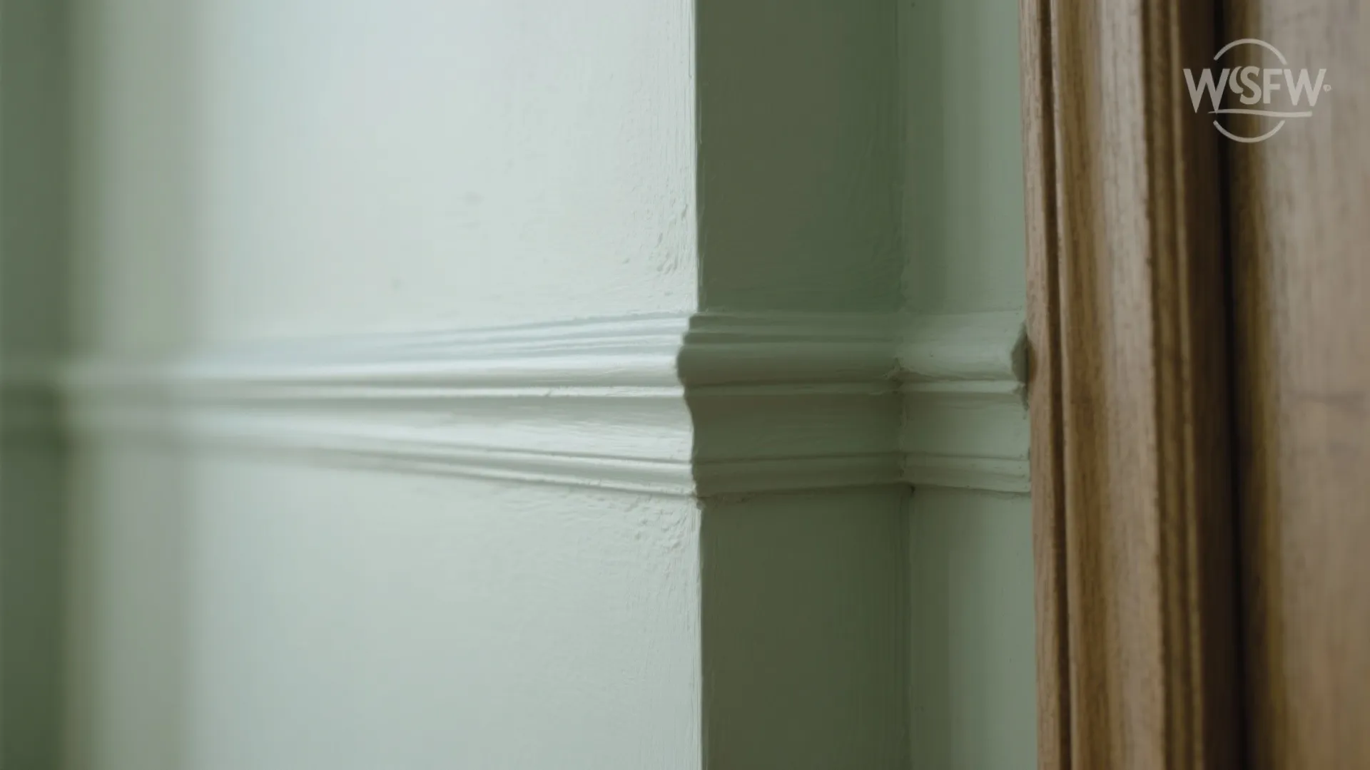 Close up of light green wall with decorative wall panel molding next to wood door