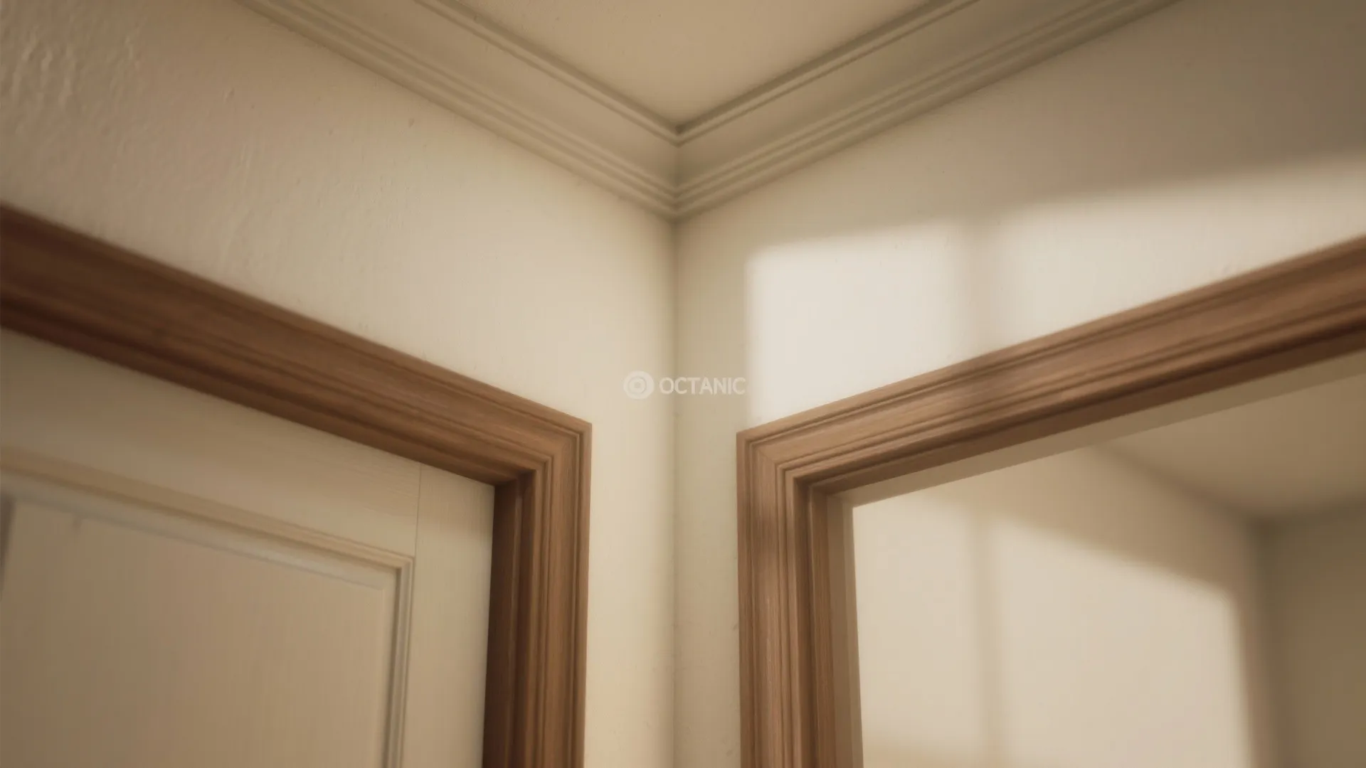 White wall corner with wooden door frames and decorative ceiling trim in a bright modern room