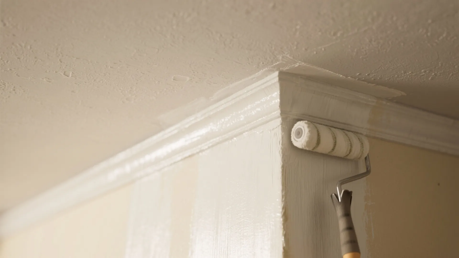 Close up view of white paint roller applying fresh paint to wall panel and ceiling