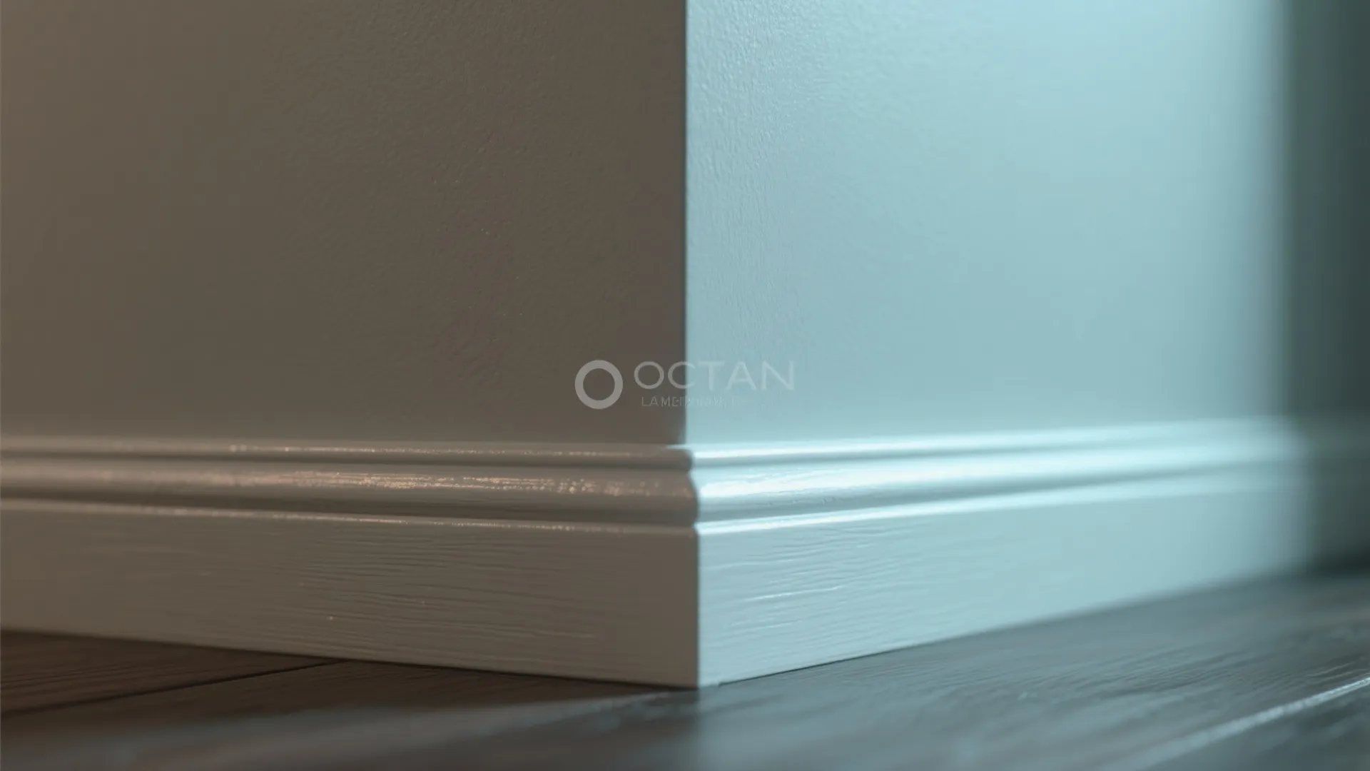 Detail view of glossy white wall panel trim and wood floor in a bright room