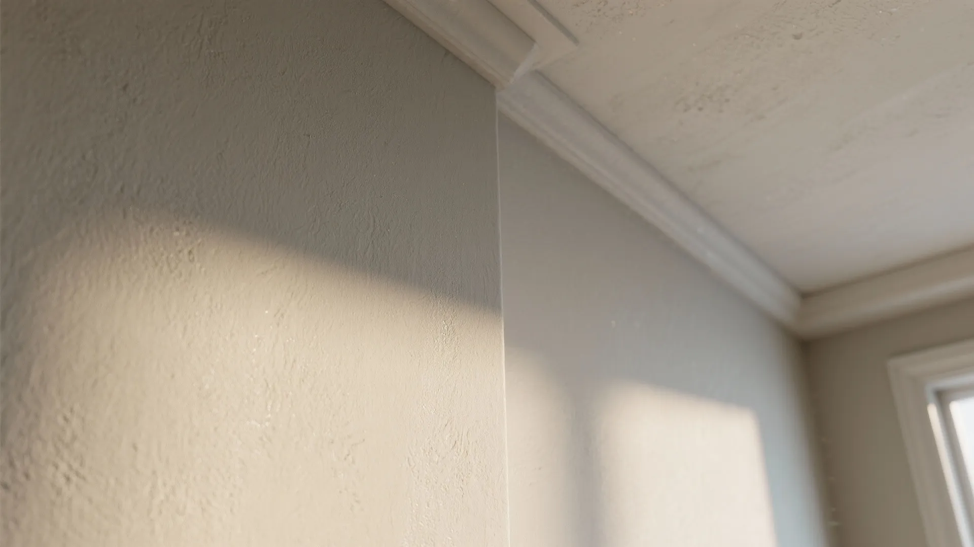 Close up view of white wall panel texture with sunlight hitting surface and ceiling edge