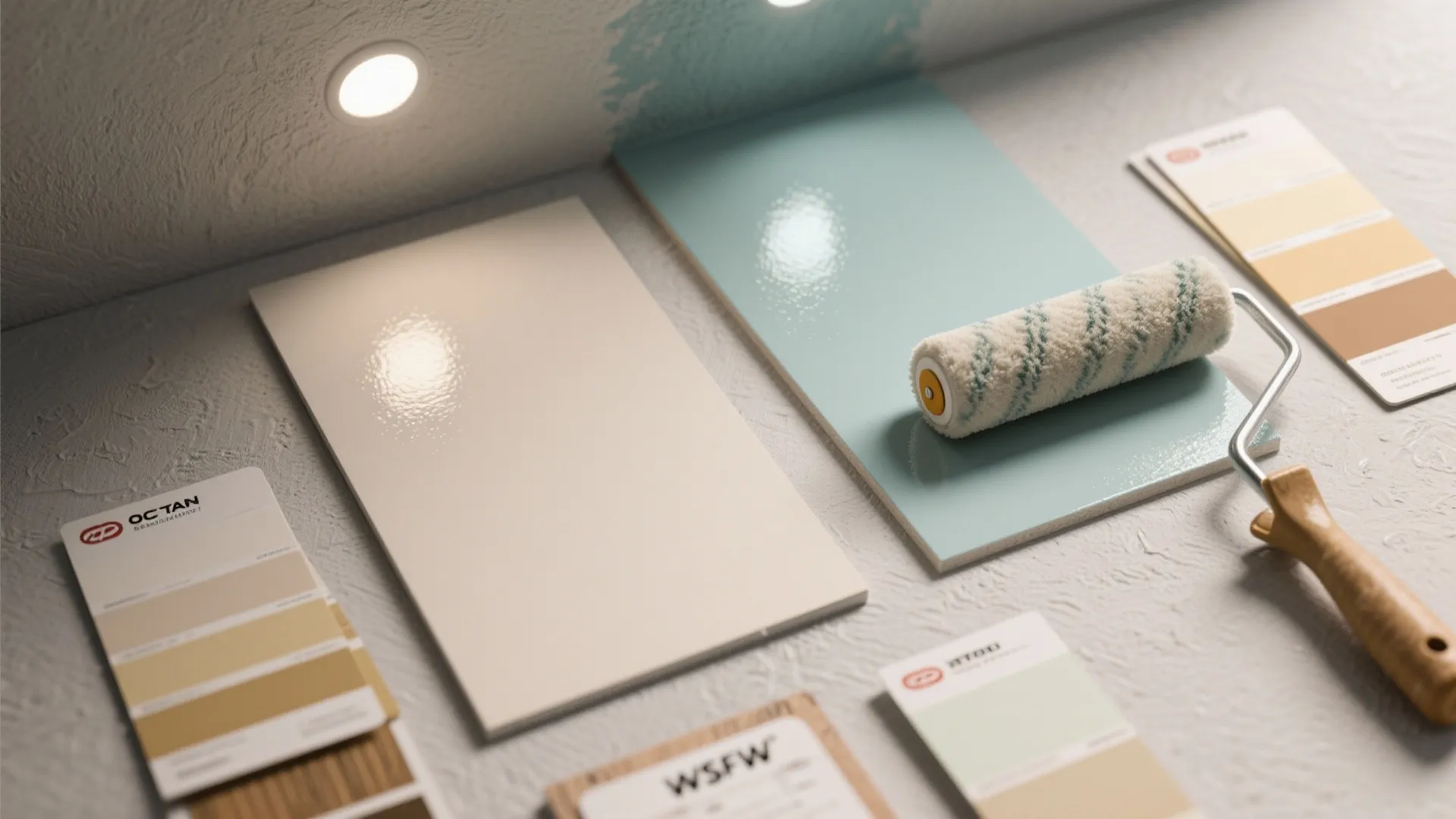 Paint roller lying next to glossy and matte color samples on a textured grey surface