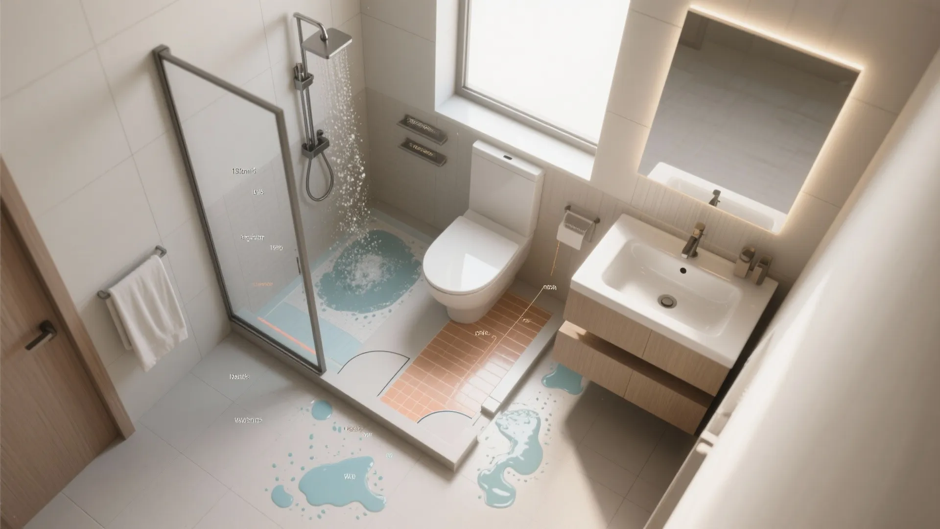 Interior design drawing showing bathroom layout with glass shower toilet sink cabinet and window view