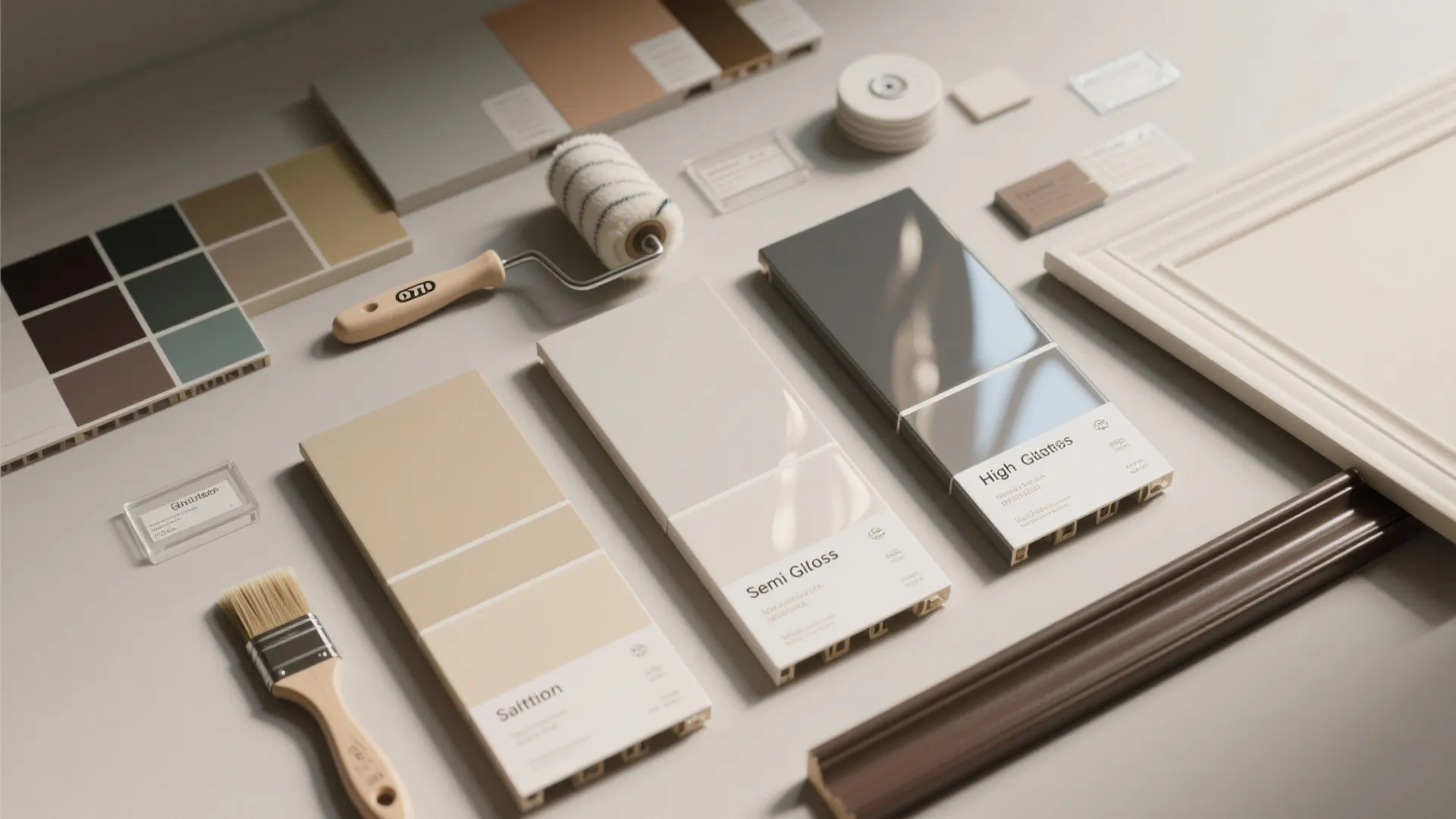 Top-down flatlay of trim sample boards showing satin, semi-gloss, and high-gloss finishes with subtle reflections.