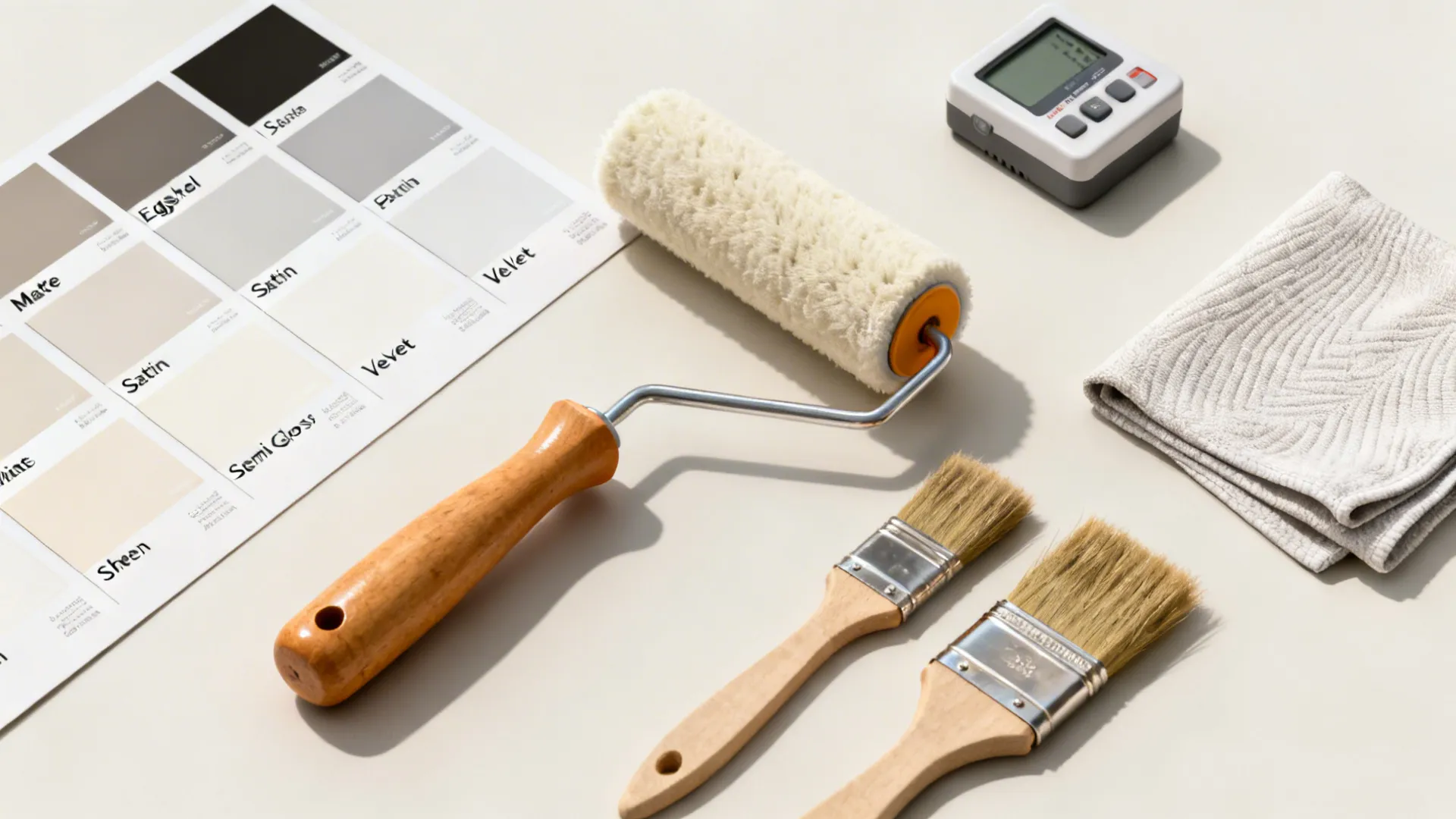 Flatlay of paint sheen swatches, brushes, roller, and a light meter illustrating how to test finishes.