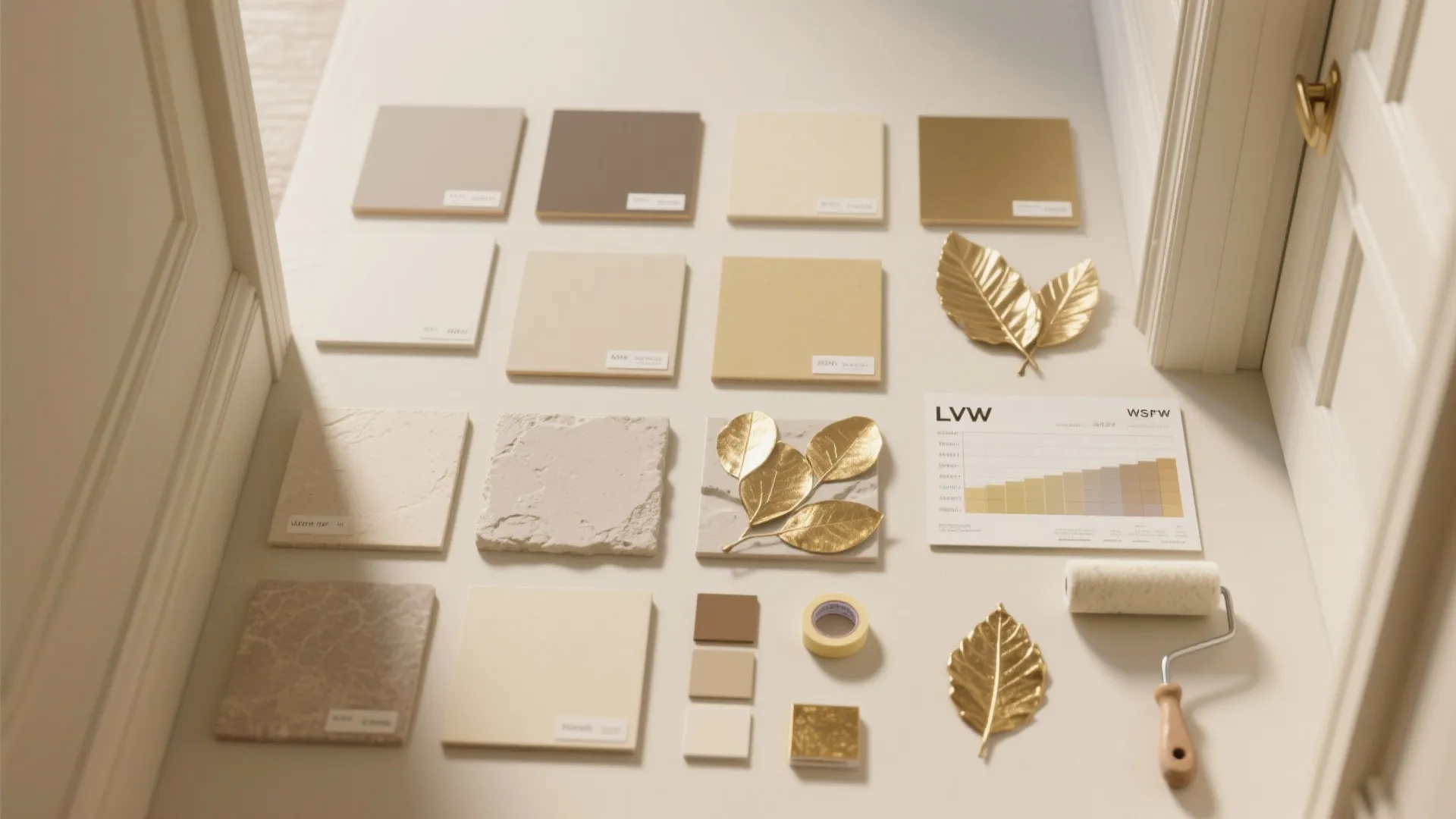 Top-down flatlay of hallway finish samples with sheen levels, tools, and neutral color swatches.