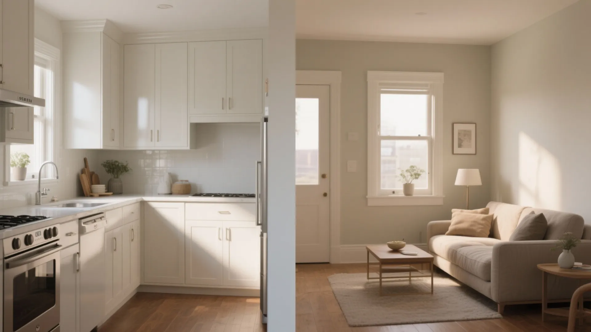 Bright white kitchen with cabinets next to a cozy living room with sofa and rug