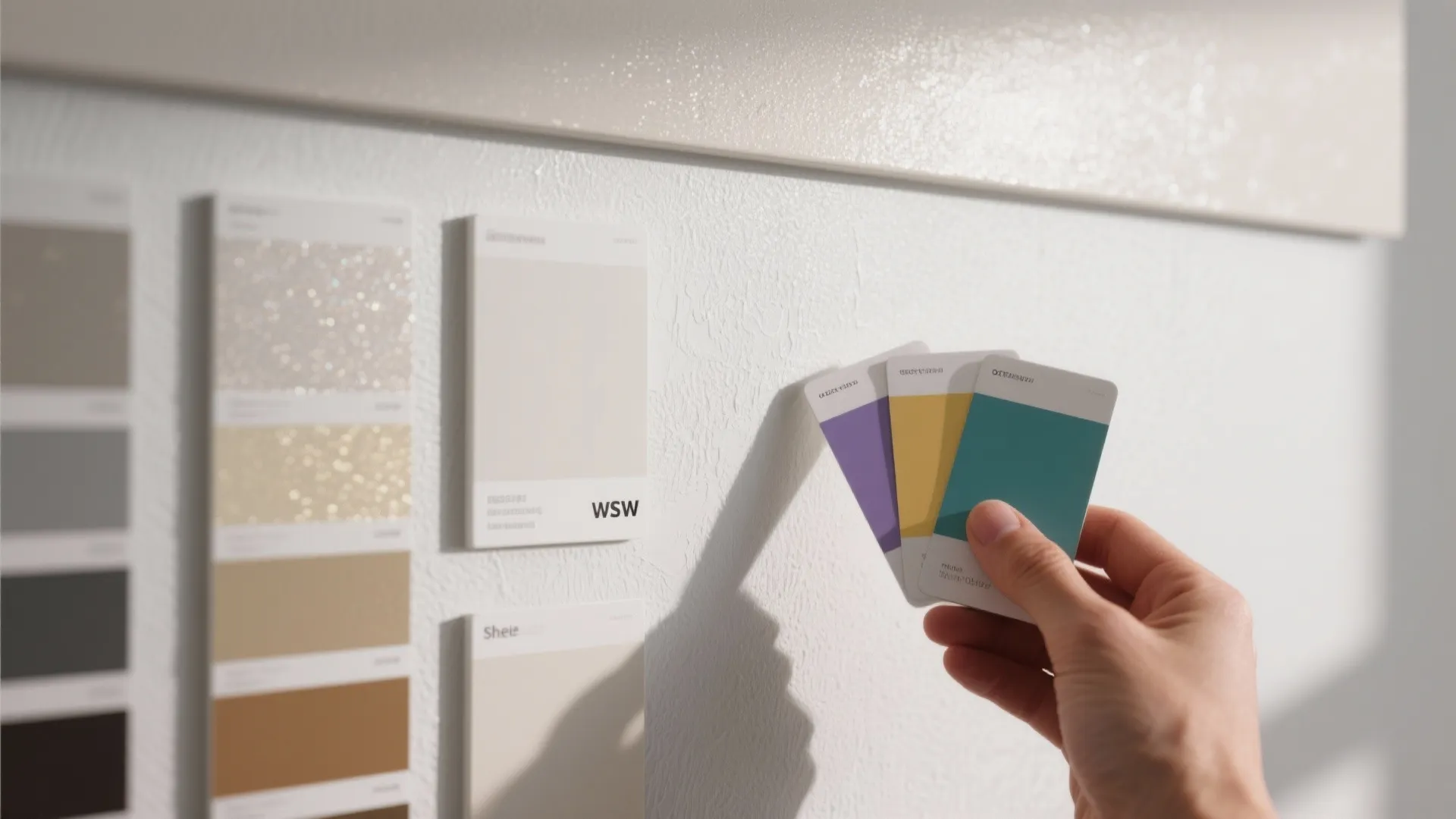 Hand holding color cards in front of a wall with different paint texture and samples