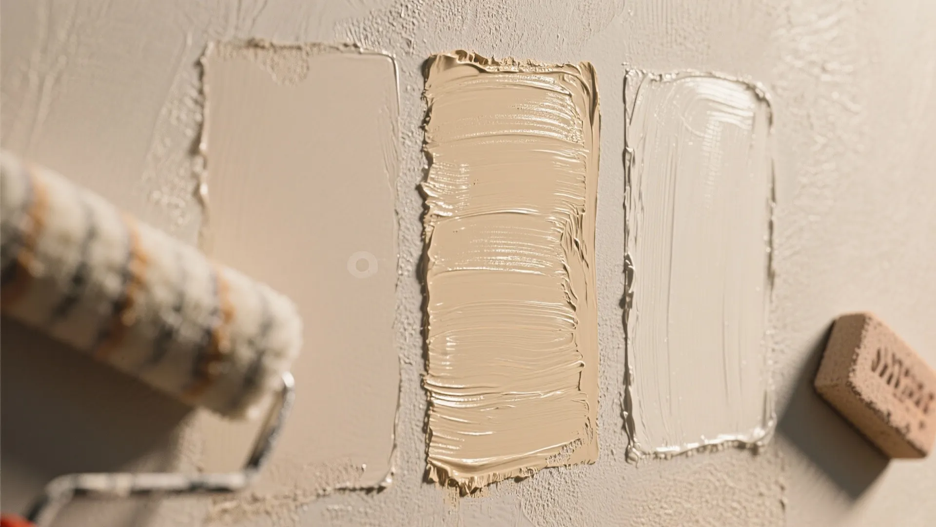 Close up of paint roller and sponges testing three different shades of beige on wall panel