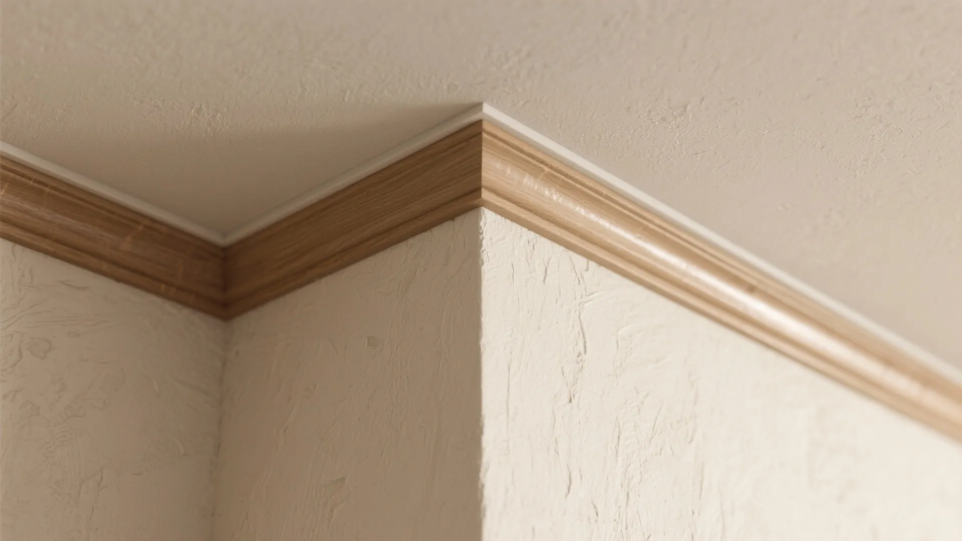 Close up of light brown wooden ceiling trim on a white textured wall in a house