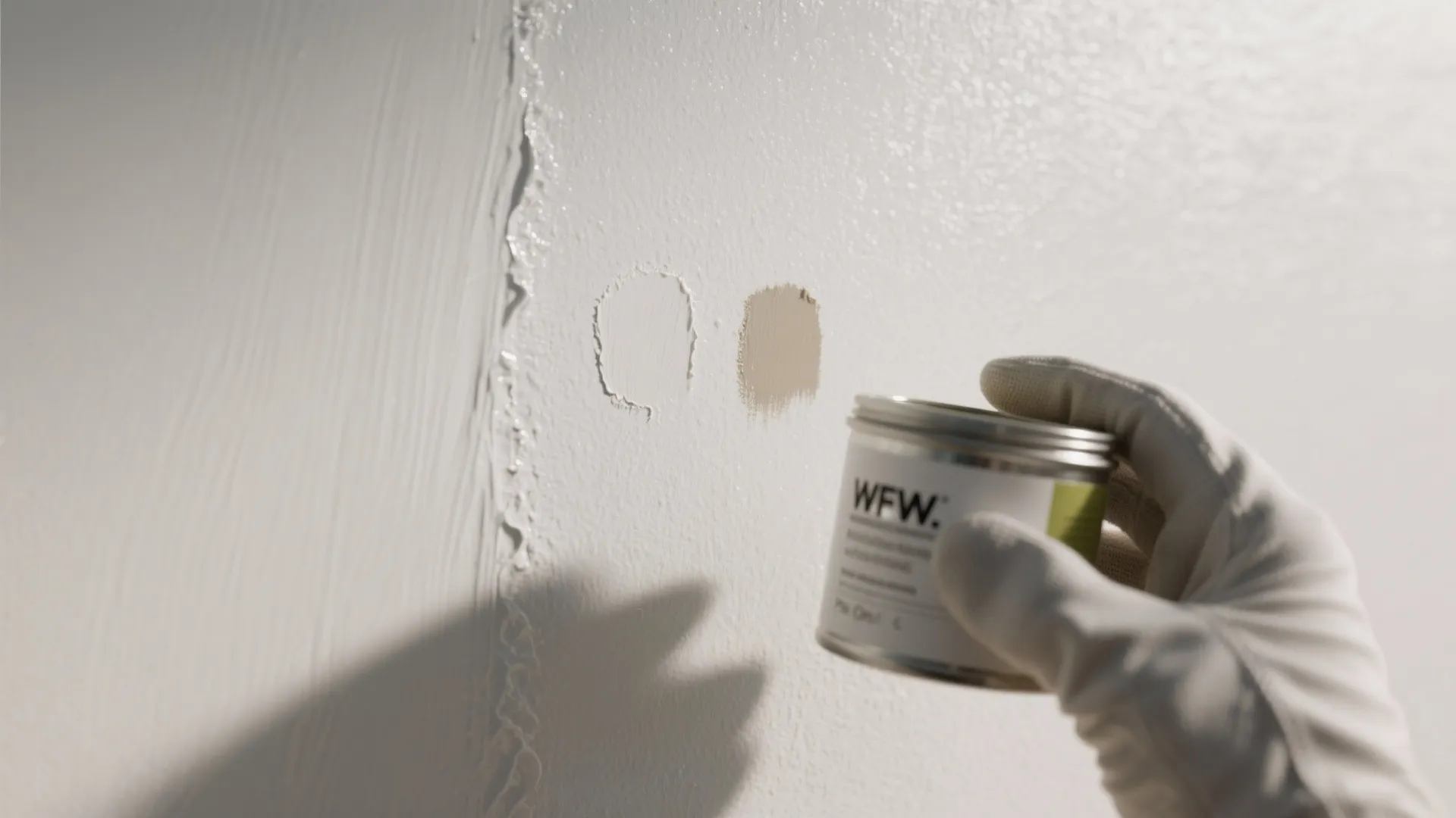 Gloved hand holding a paint can next to small paint test patches on white wall