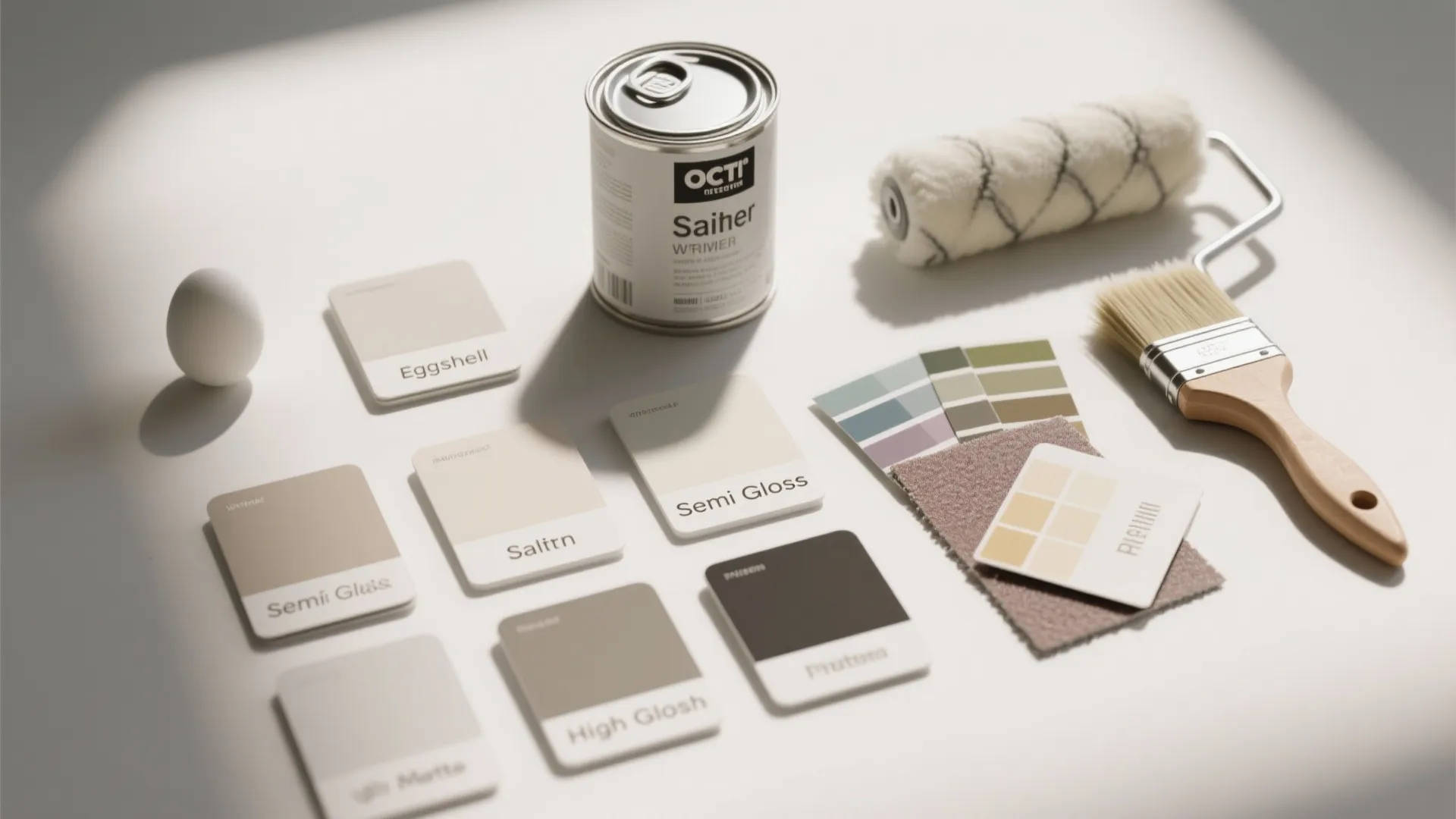 Paint can with roller, brush, and various color swatches on white surface for home decoration