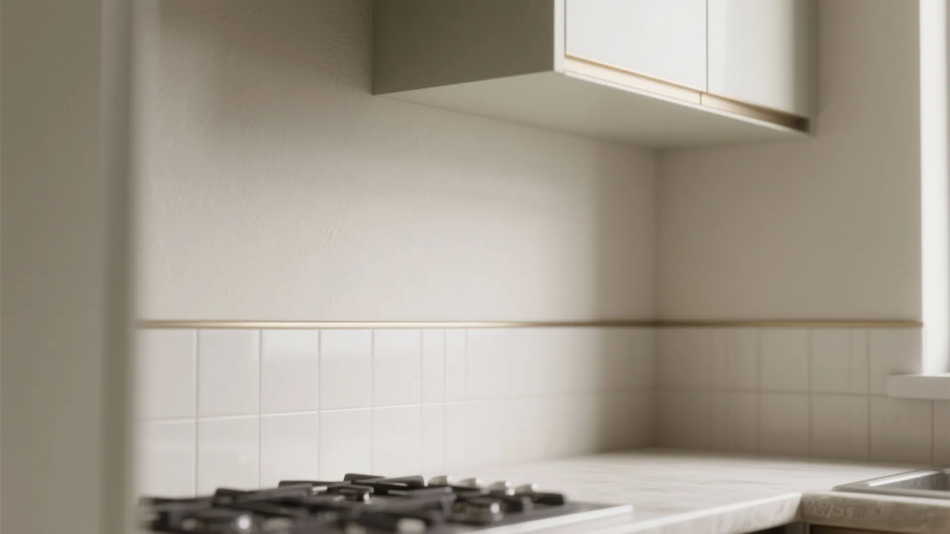 Close up of kitchen corner with white wall tiles beige cabinets stove and marble countertop