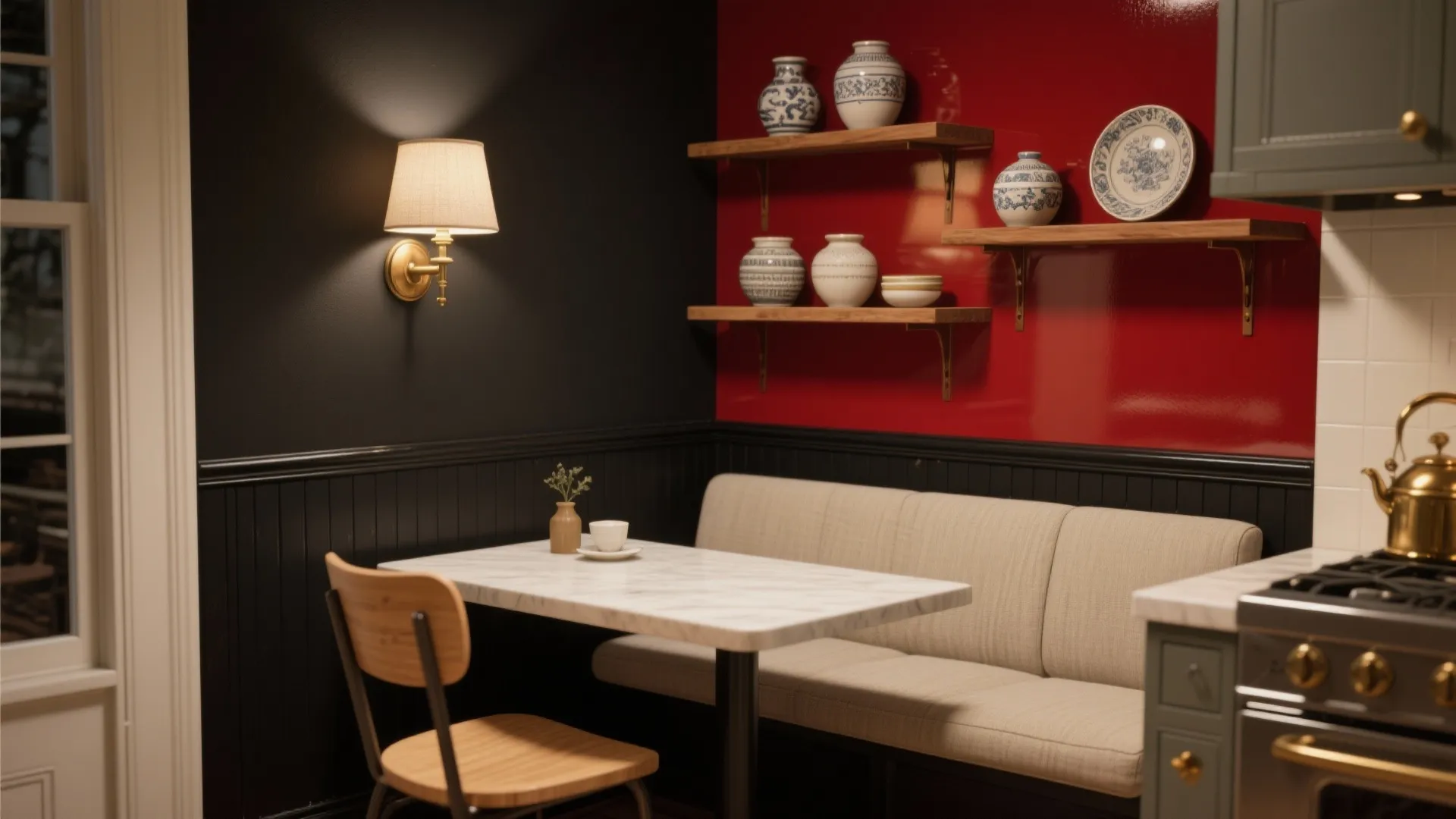 Dining nook with red and black walls wooden shelves marble table bench and wall light