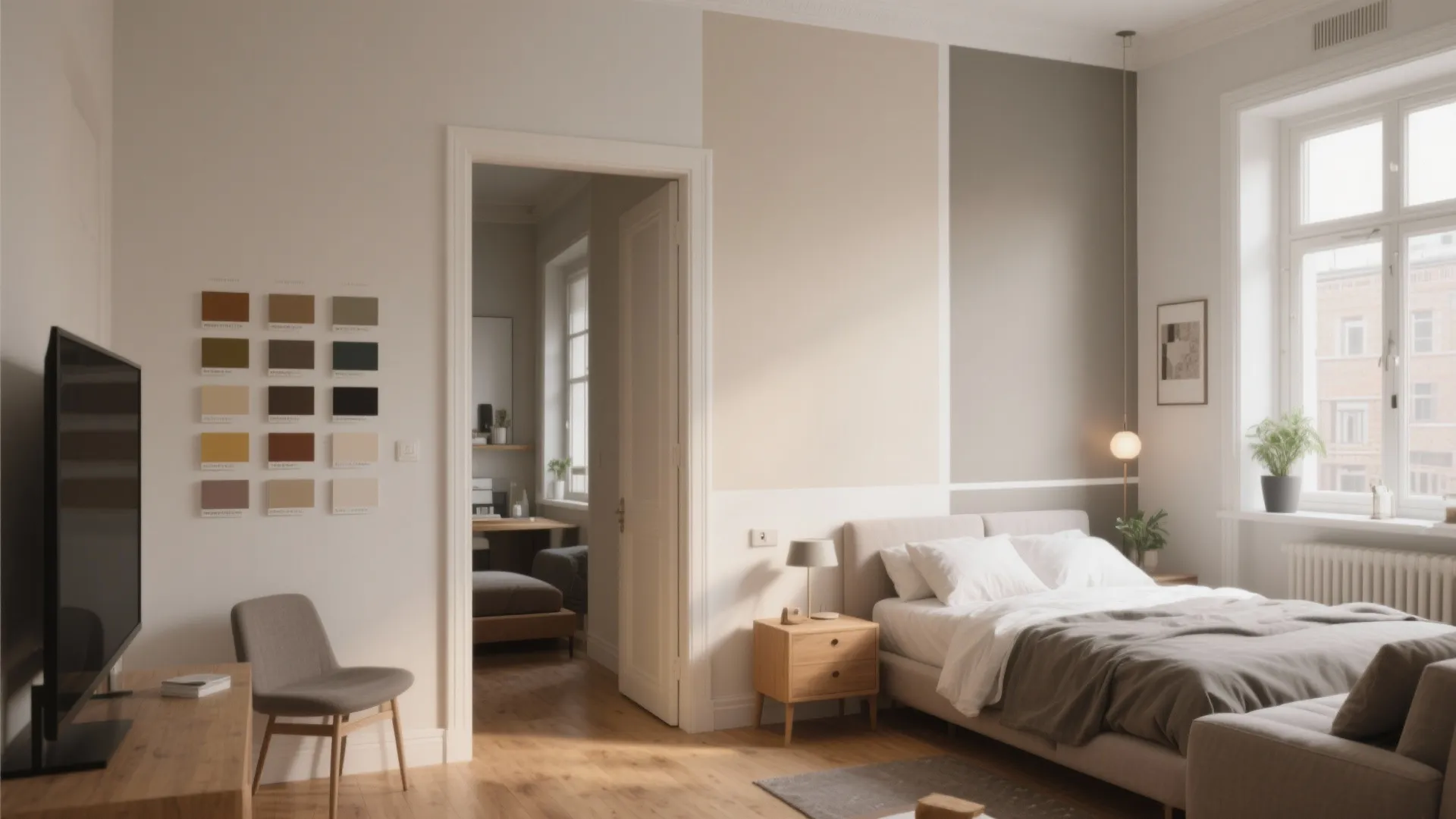 Modern bedroom with wooden floor white bed small side table and colorful paint samples on wall