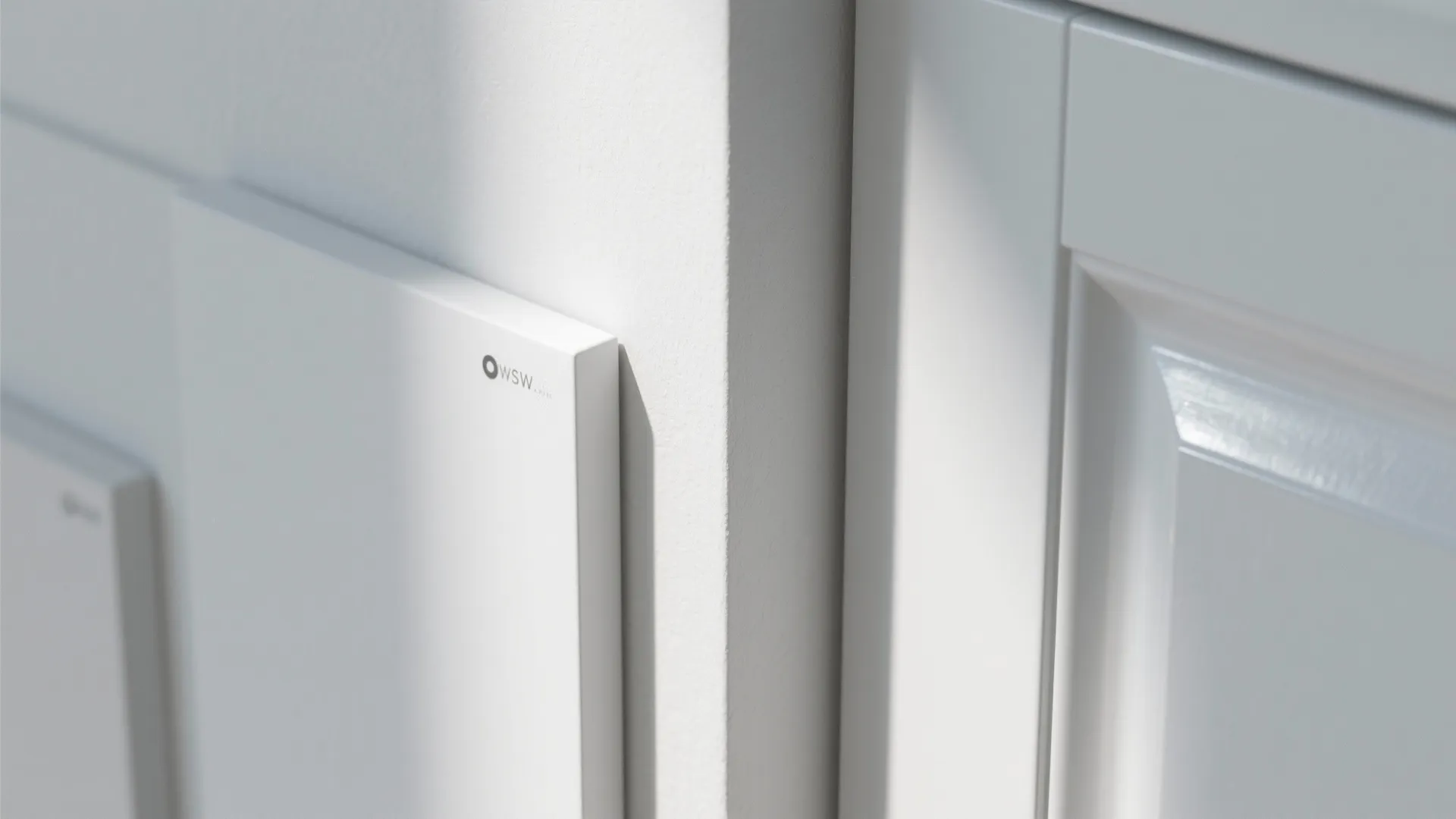 Close up view of white cabinet door and smooth wall panel in bright natural light
