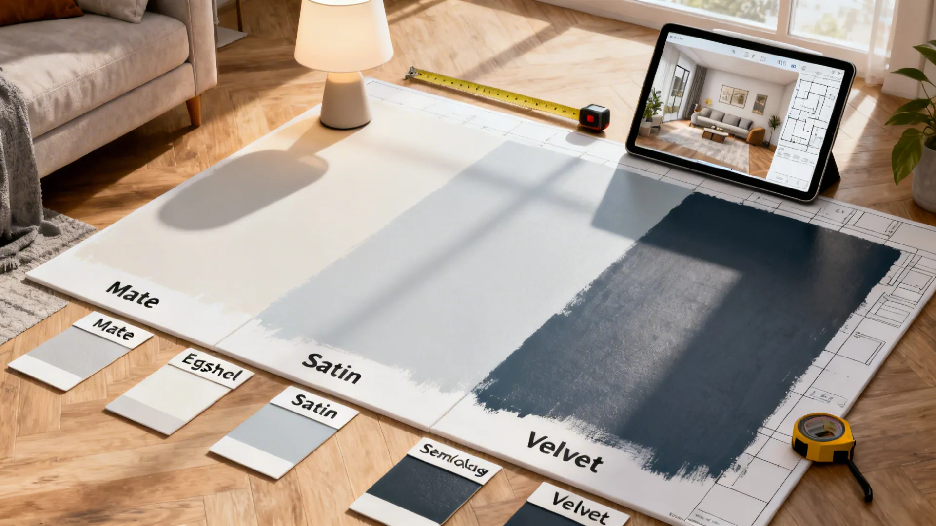 Top-down view of paint sheen test panels and a tablet showing a 3D room planner for comparing finishes.