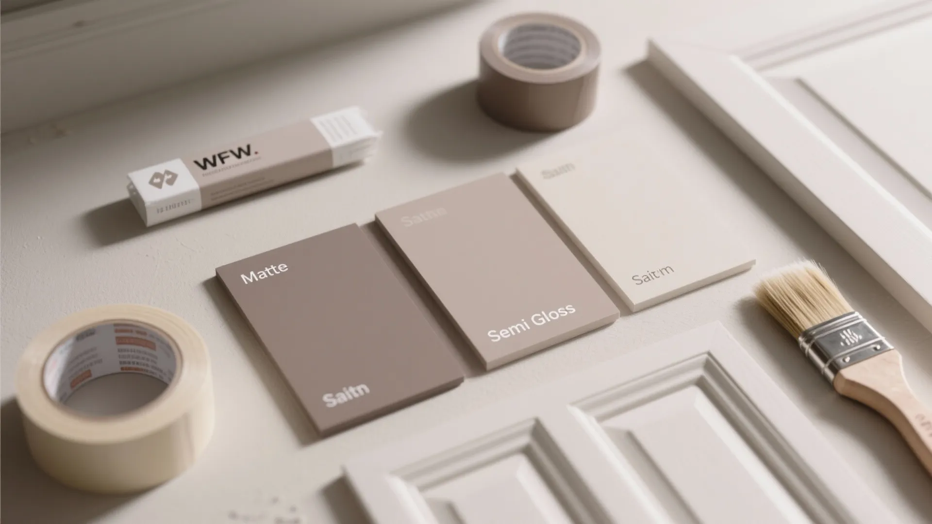 Paint color samples showing matte and semi gloss finishes with a brush and beige masking tape