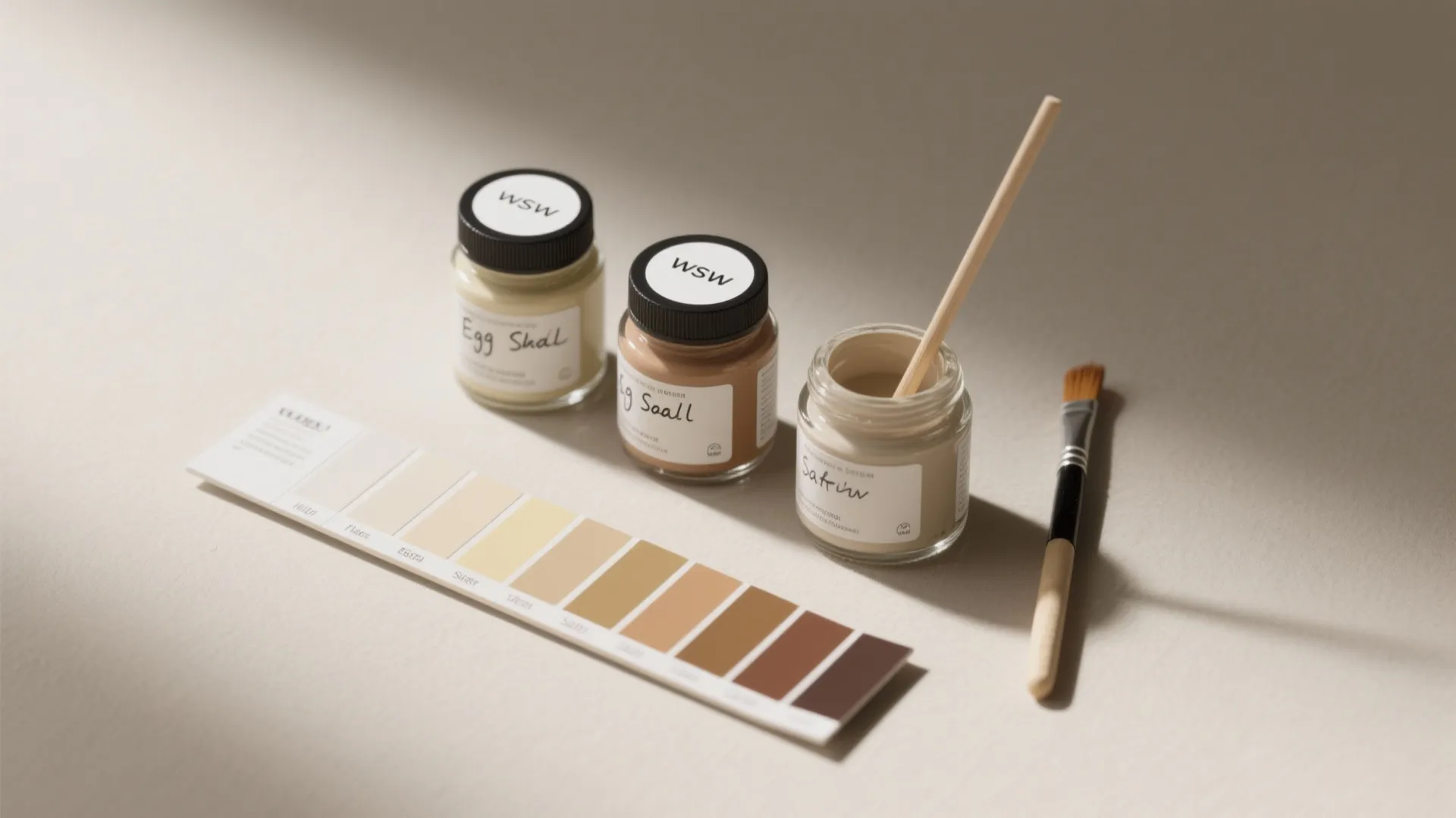 Top-down flatlay of labeled sample jars, paint chips and sheen test strips for matching wall finish.