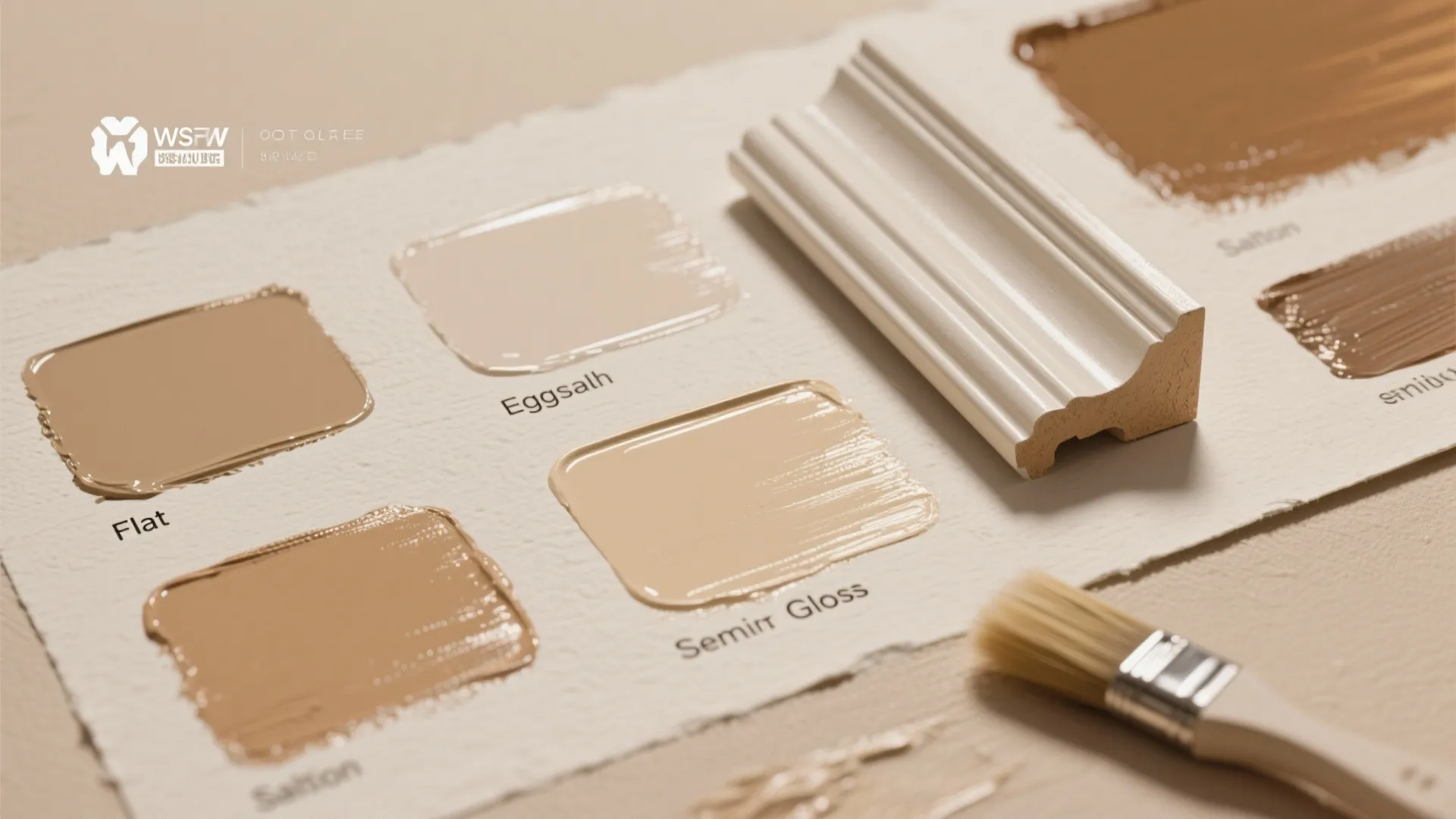 Flatlay of paint sheen samples (flat, eggshell, satin, semi-gloss) with trim sample