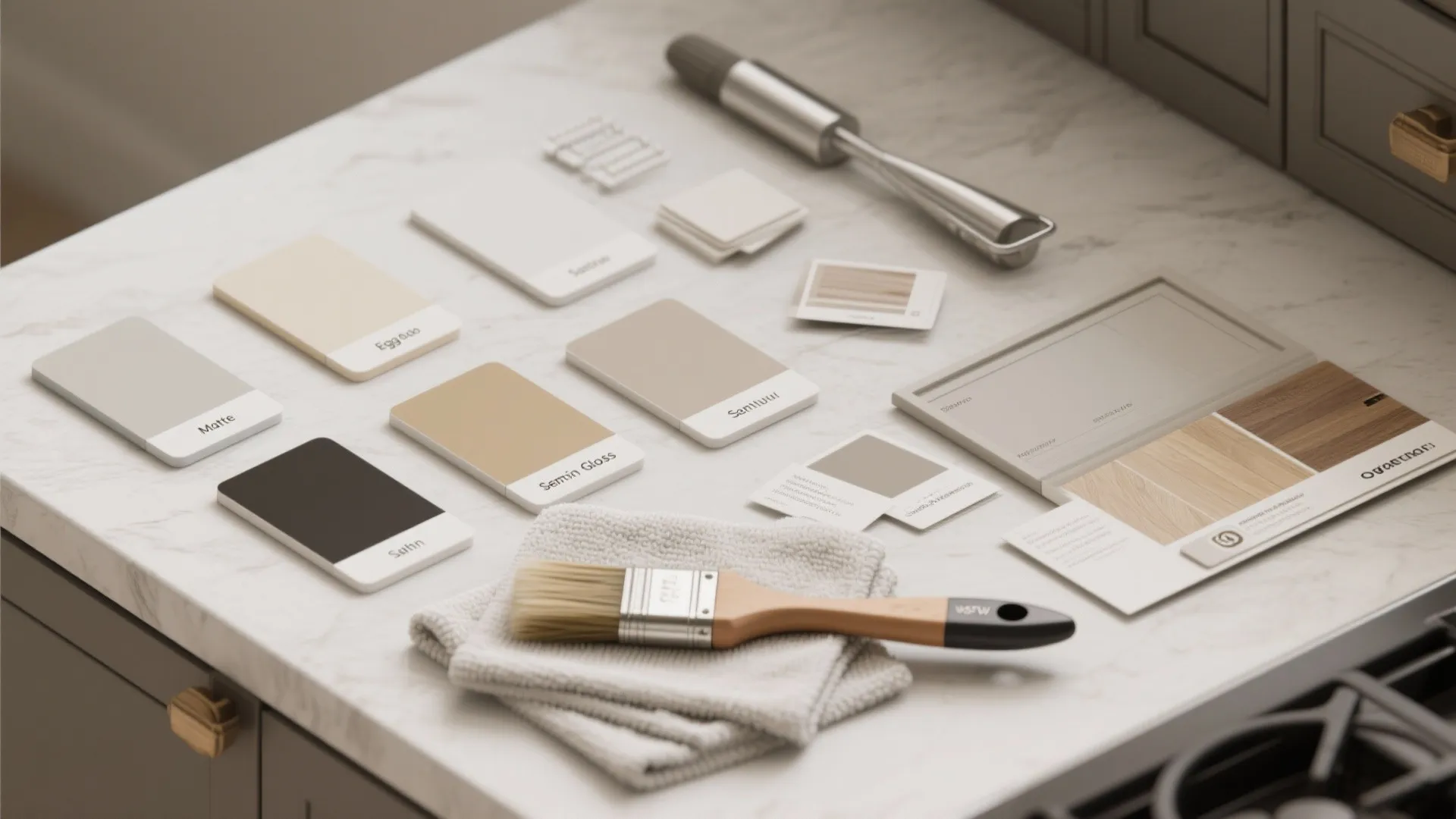 Various paint color samples and brushes arranged on a white marble kitchen counter for home renovation