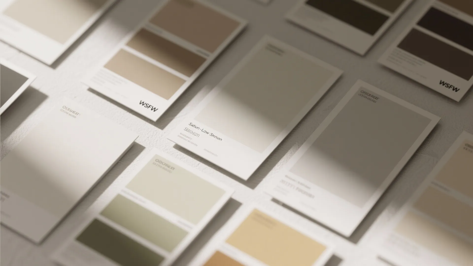 Top-down flatlay of paint swatches comparing matte wall finishes and satin/low-sheen ceiling samples.