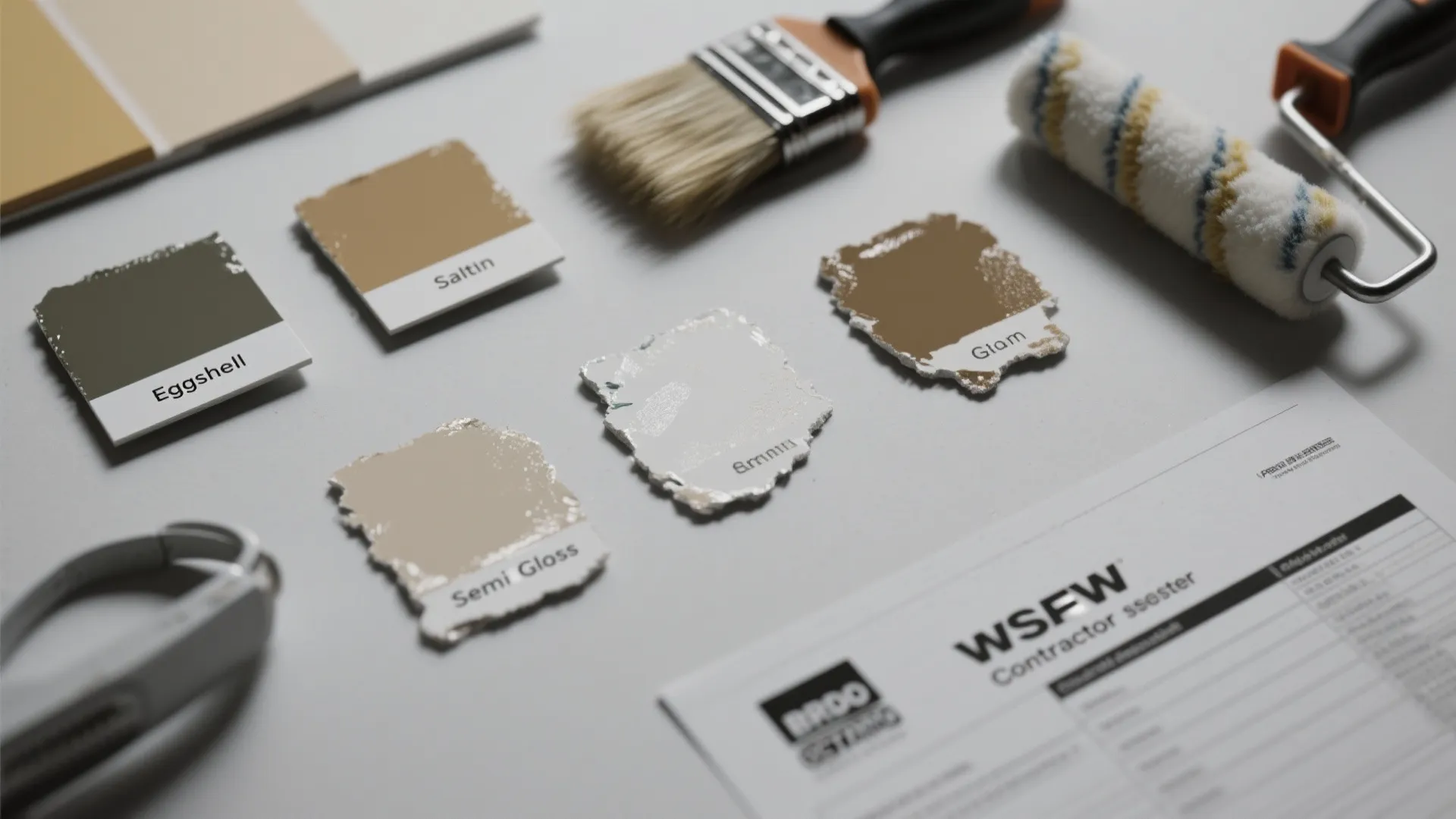 Various paint color samples on a table with a brush a roller and some documents