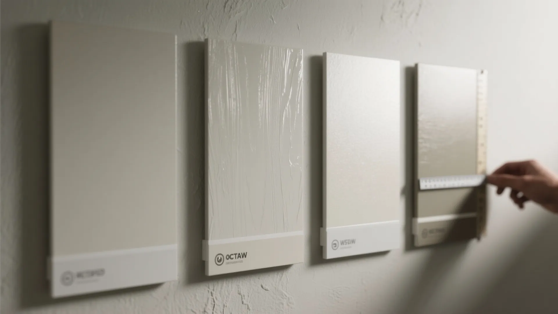 Four wall paint color samples displayed side by side on a neutral gray wall surface