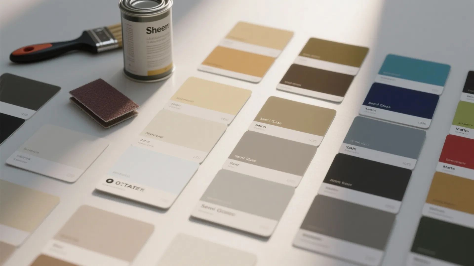 Collection of various paint color sample cards with a paint can and a brush tool