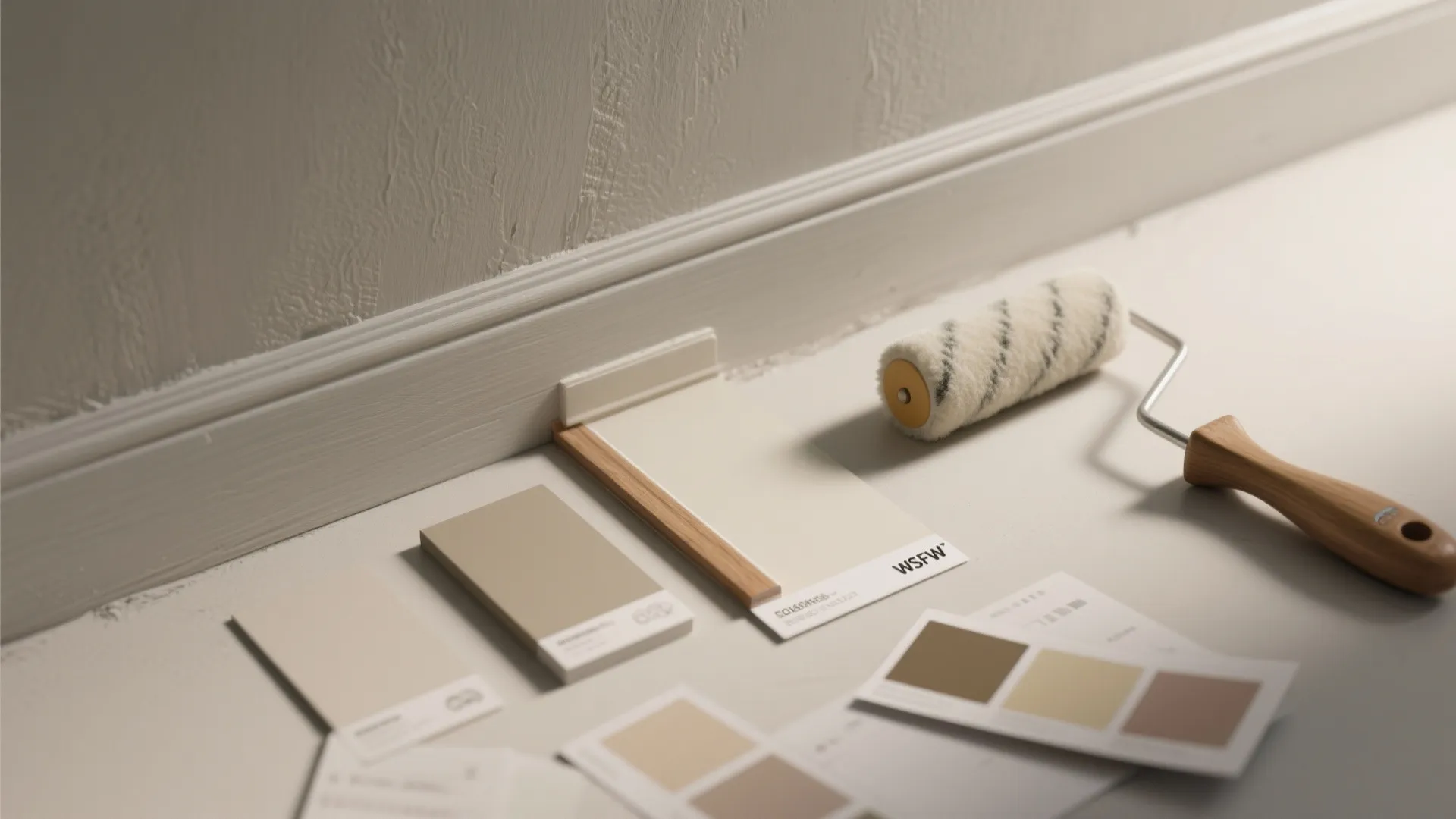 Paint roller and various beige color swatches on floor near white wall panel for interior design