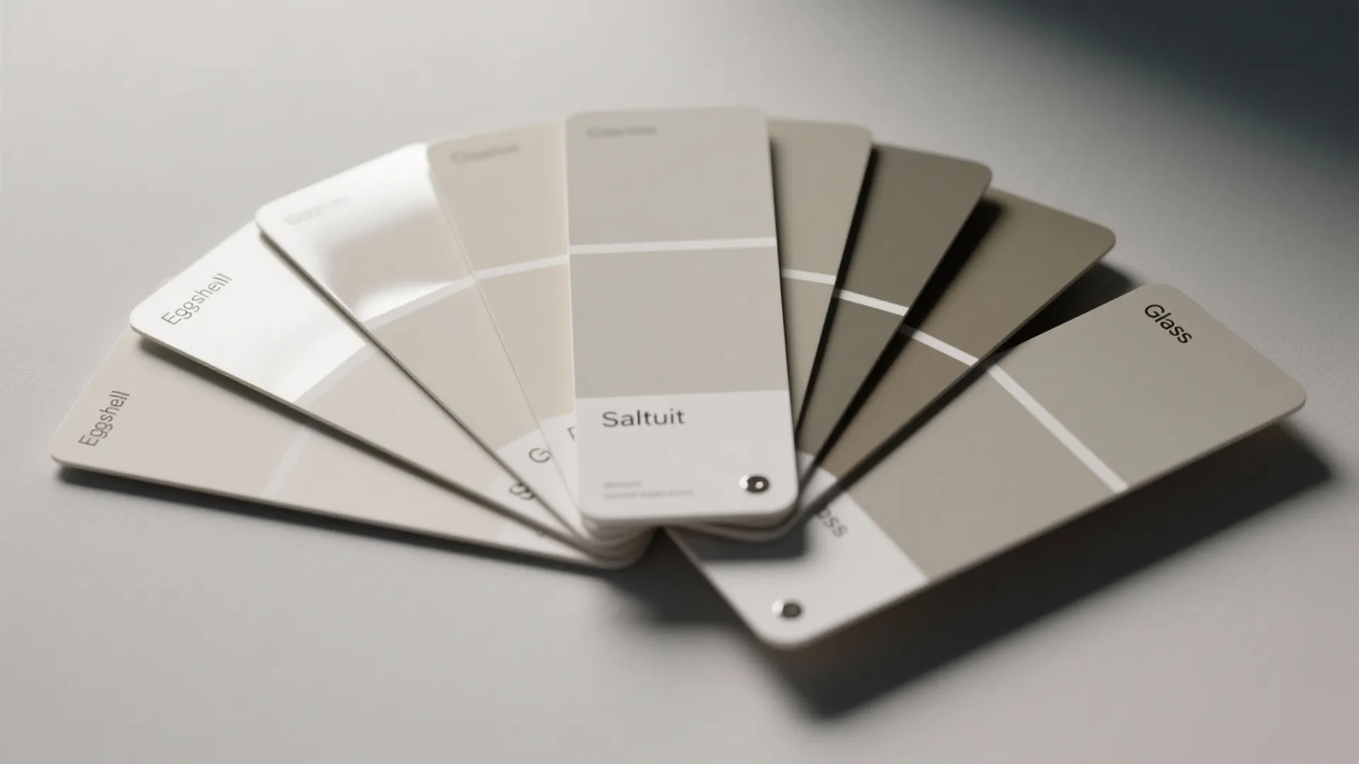 Neutral color palette samples showing different paint finishes from eggshell to glass on fan deck