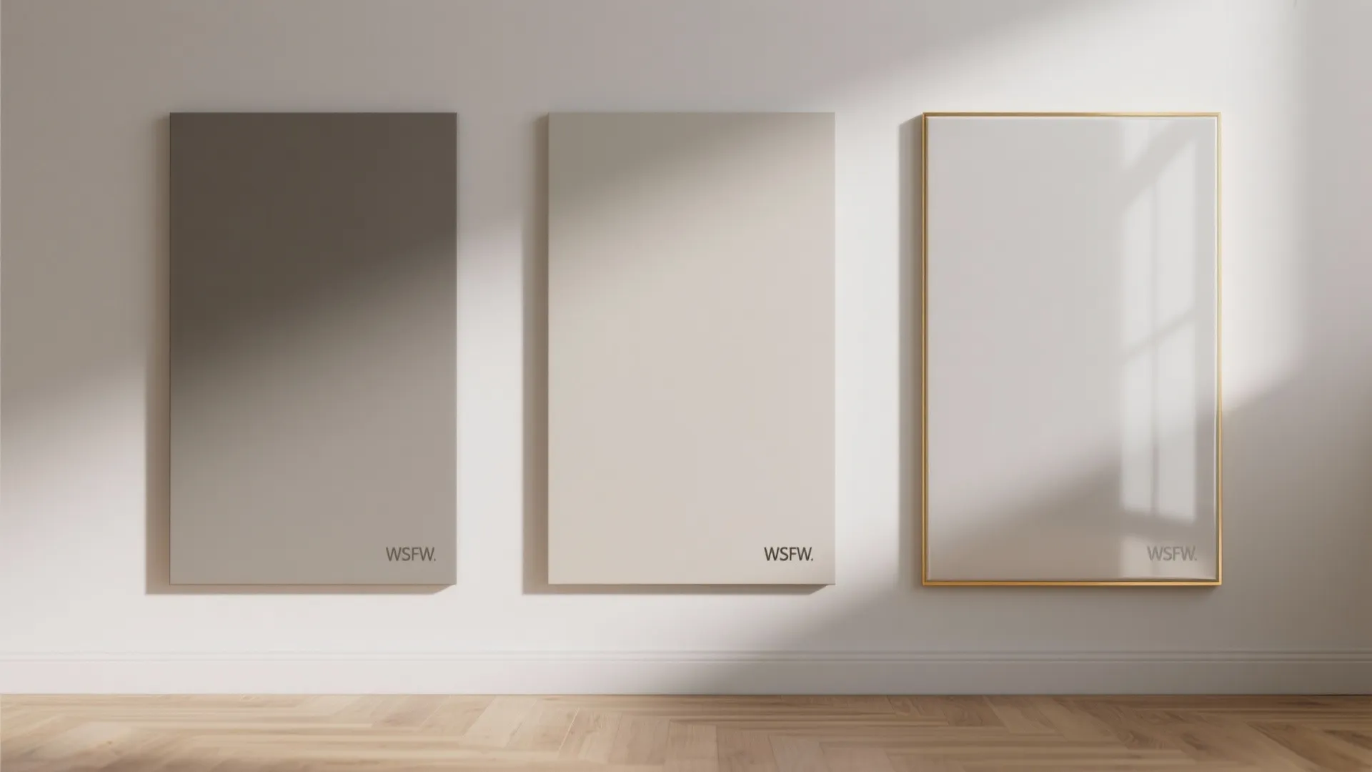 Three vertical wall panels in different shades of neutral colors displayed on a white wall
