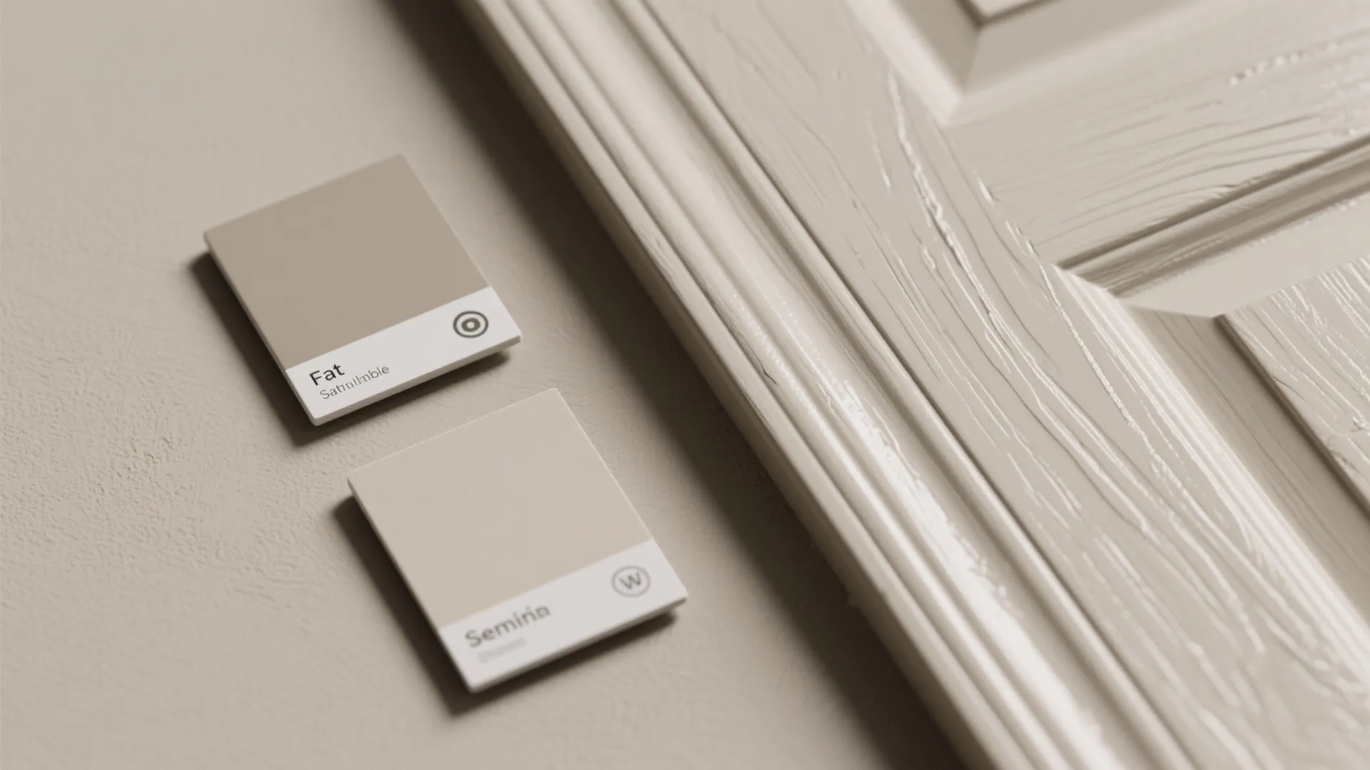 Two beige paint color samples placed next to a textured white wooden wall panel detail view