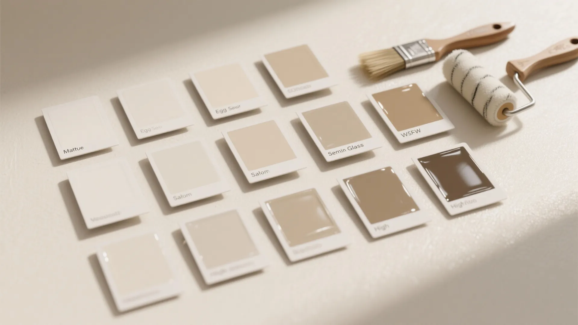 Top-down flatlay of paint finish swatches (matte, eggshell, satin, semi-gloss, high-gloss) with brushes on a greige background.