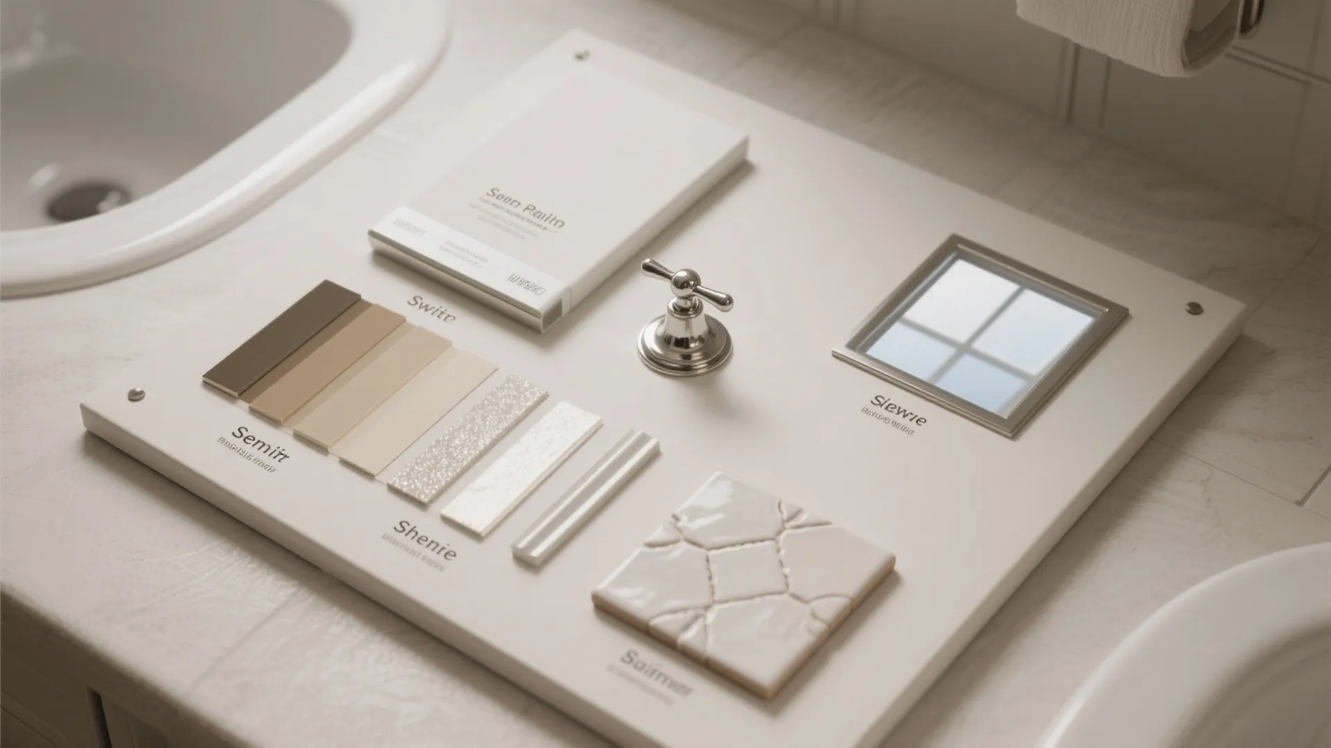 Display board with various tile samples plus a metal handle and small window frame model