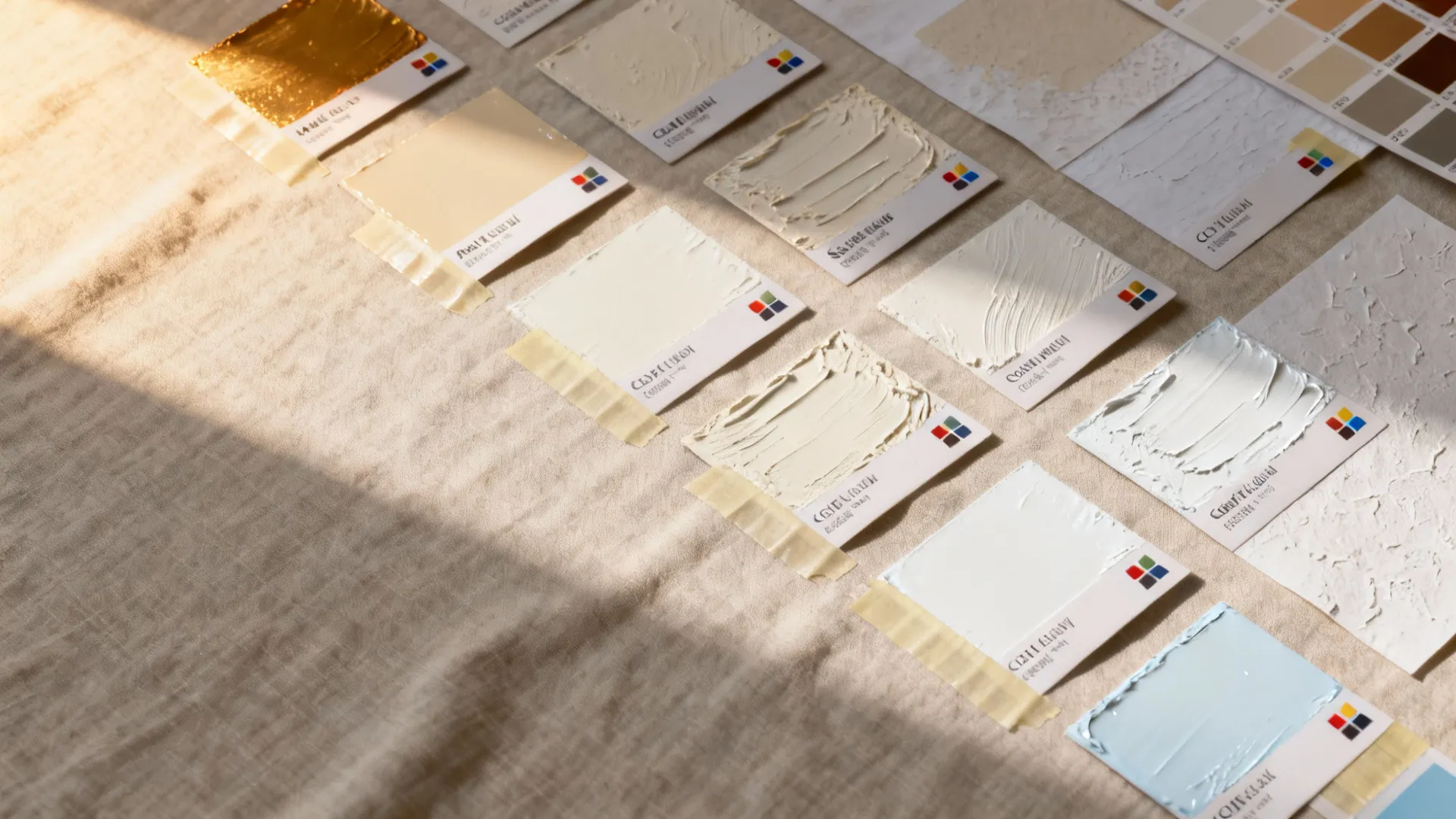 Flatlay of paint sample cards and swatches demonstrating different sheens and lighting effects