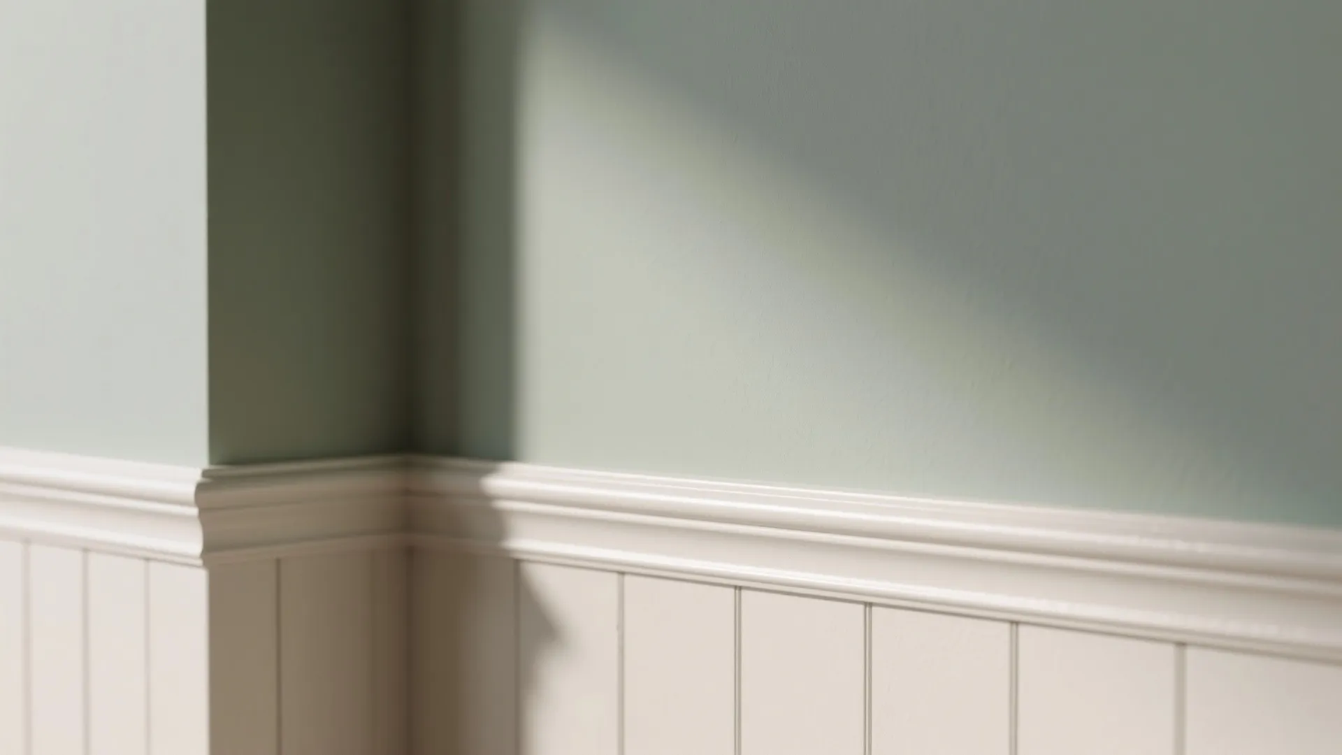 Close up of an interior wall corner with light green paint and white wall panels
