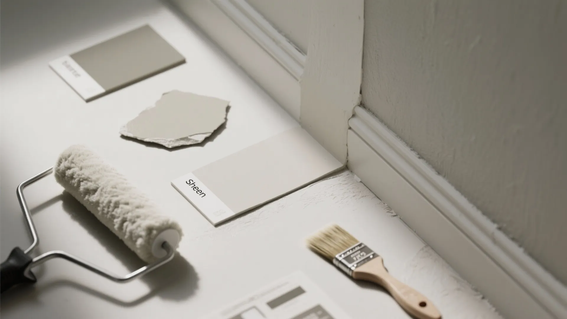 Paint roller and brush placed on floor next to color cards for home wall painting project