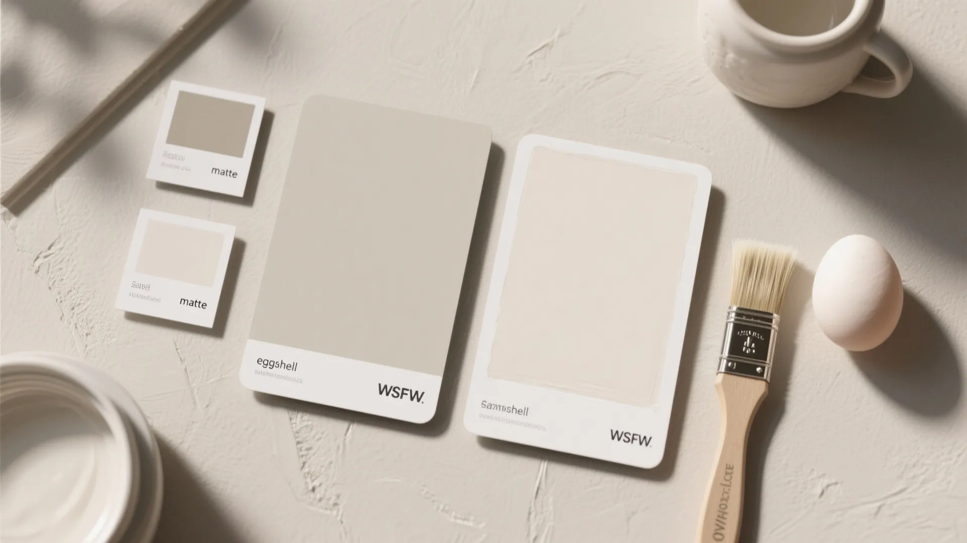 Top-down flatlay of matte and eggshell paint swatches in the same hue, showing subtle sheen differences for walls and trim.