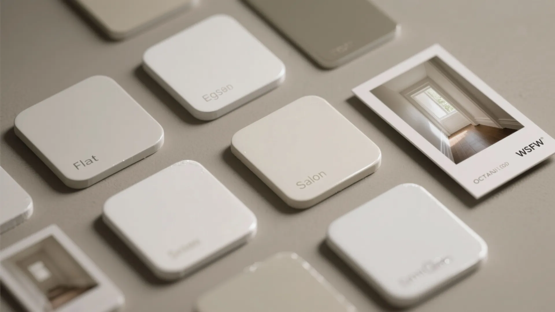 Top-down paint swatches showing flat, eggshell, satin, and semi-gloss white finishes with subtle sheen differences.