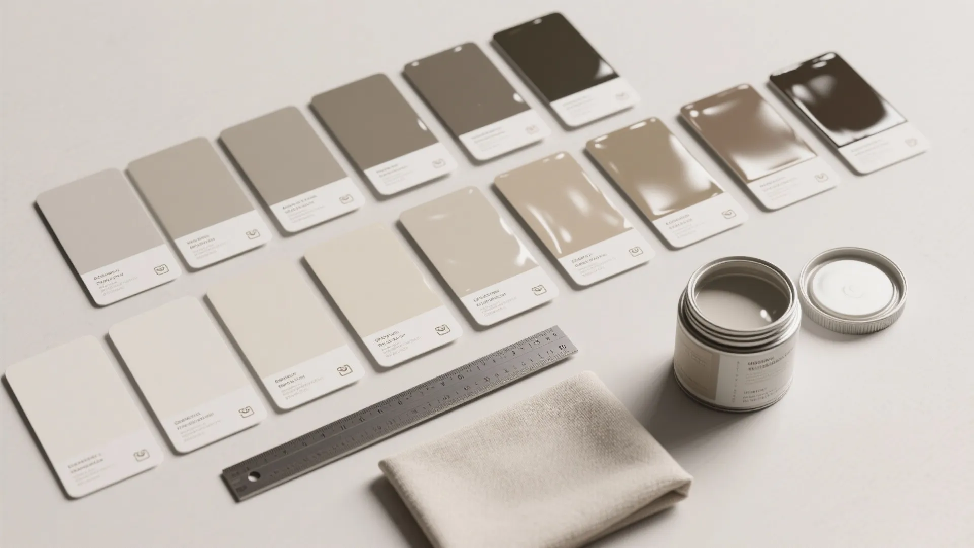 Top-down flatlay of paint sheen sample cards and swatches arranged from matte through high-gloss with tester pot and ruler.