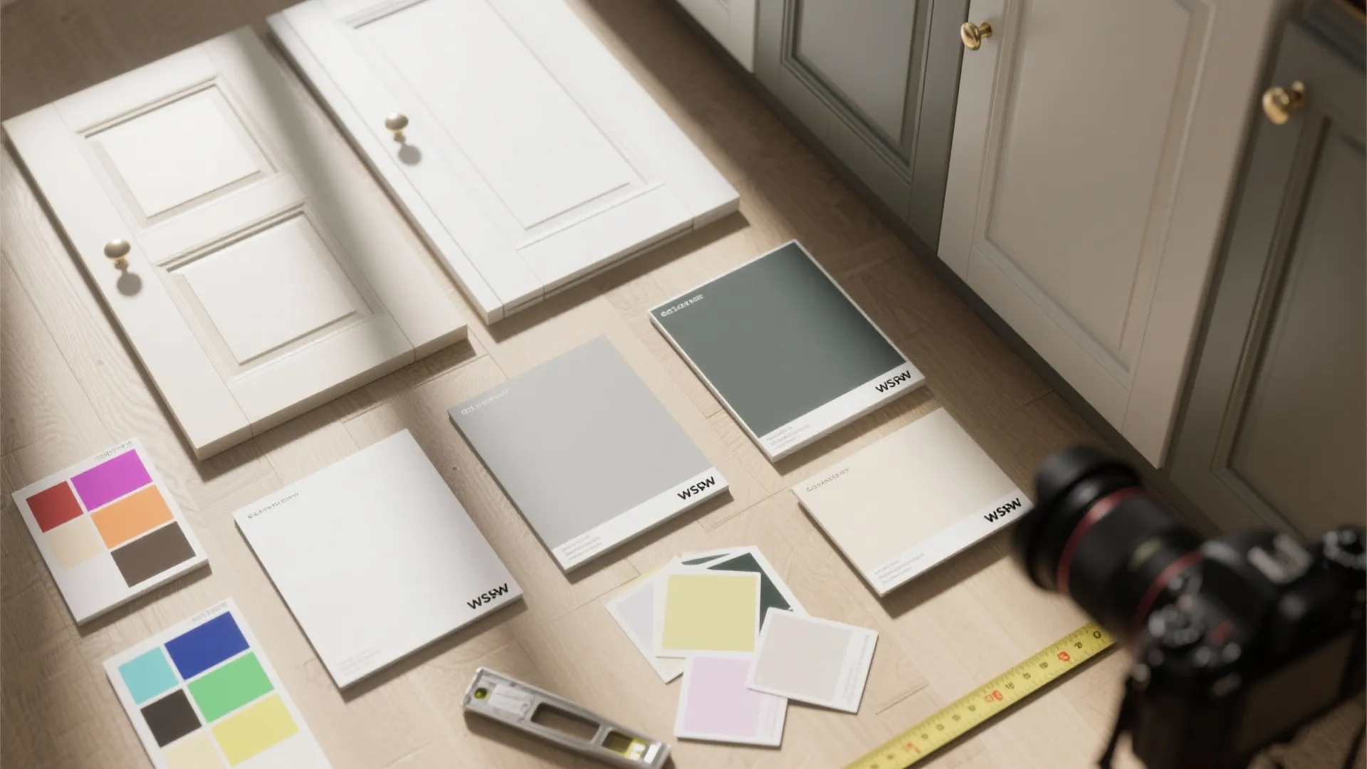 Interior design materials including white cabinet doors color swatches measuring tape and a digital black camera