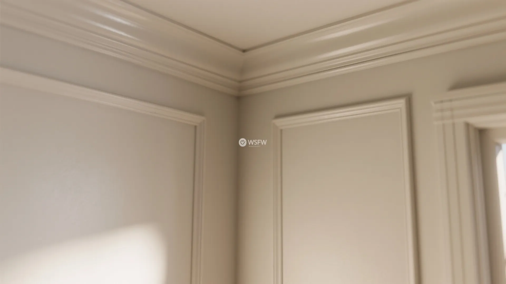 Close up view of cream wall corner showing decorative ceiling trim and rectangular wall panel