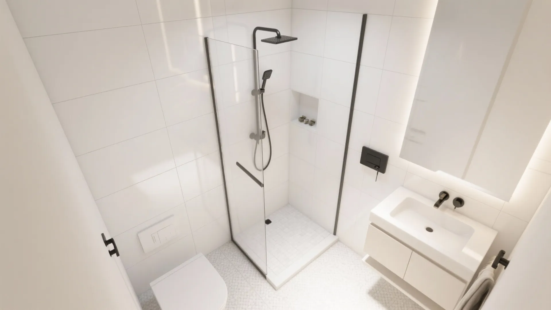 Modern small bathroom interior design drawing with glass shower white sink cabinet toilet and wall mirror