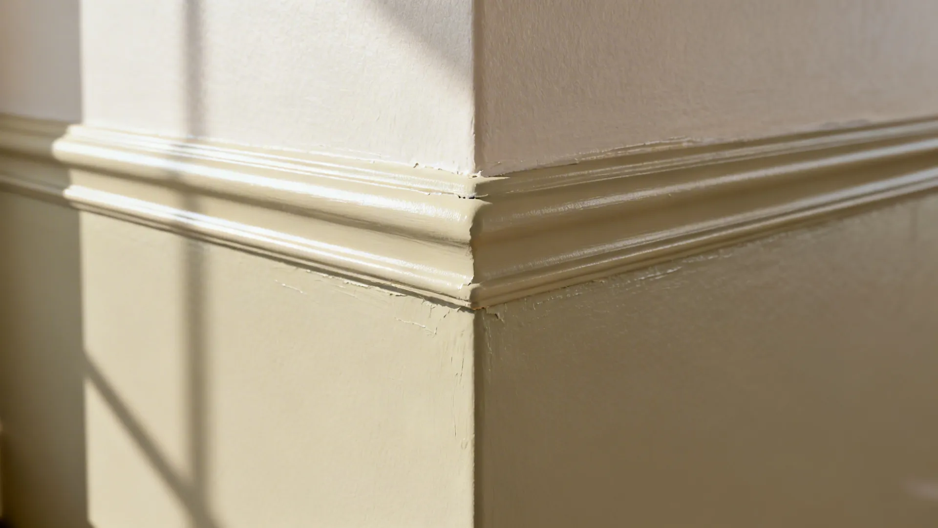 Macro of greige paint finishes transitioning from satin to eggshell with crisp trim line.