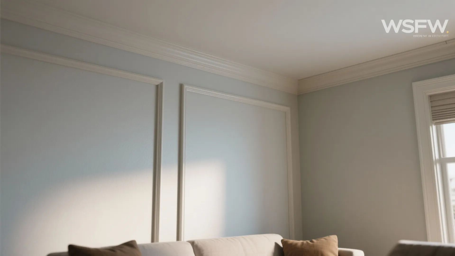 Close up view of light blue wall panel and white ceiling trim in bright room