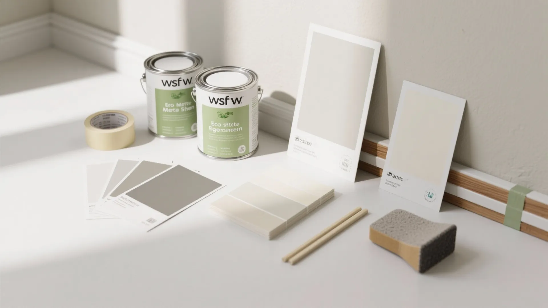 Two paint cans with neutral color swatches and tools for a home wall painting project
