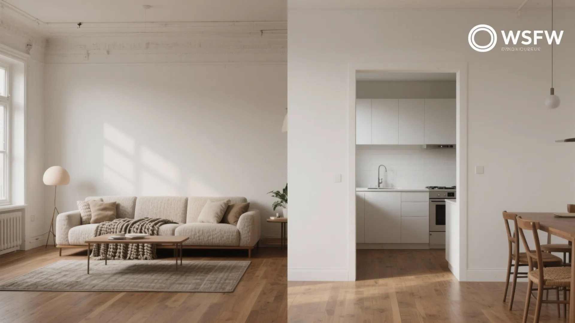 Living room with beige sofa and rug compared to white kitchen with wooden dining table