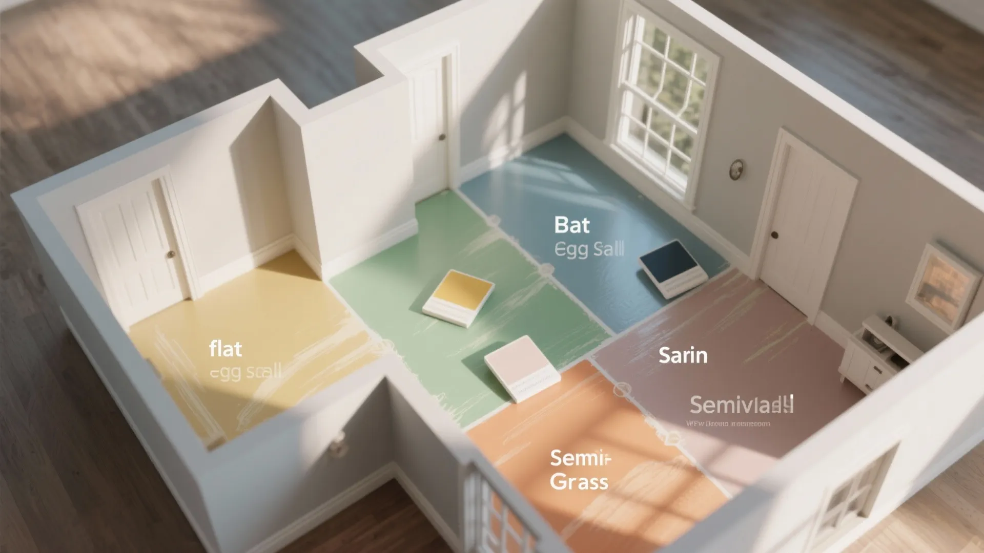 Floor plan 3D drawing showing different paint colors on room floors with labeled color names