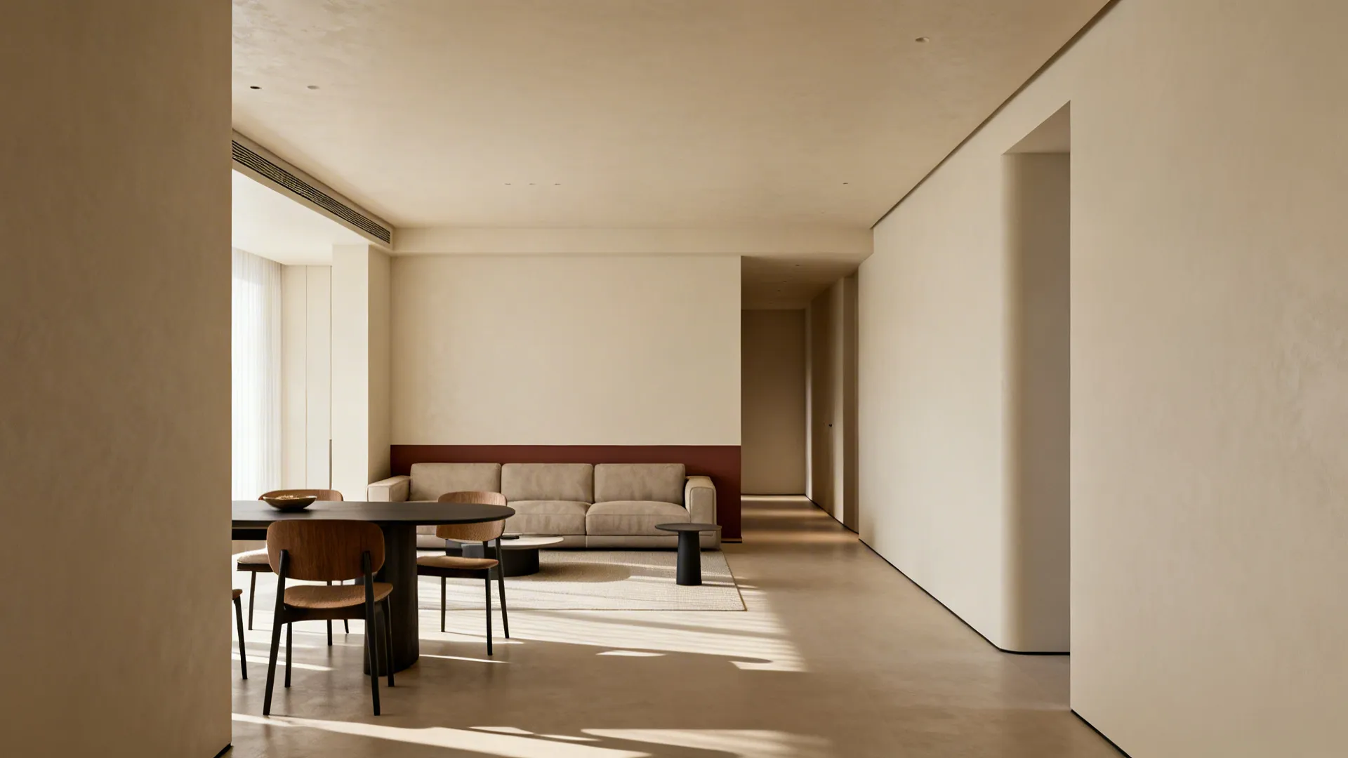 Open-plan room using matte on an accent wall and eggshell on circulation walls to define zones